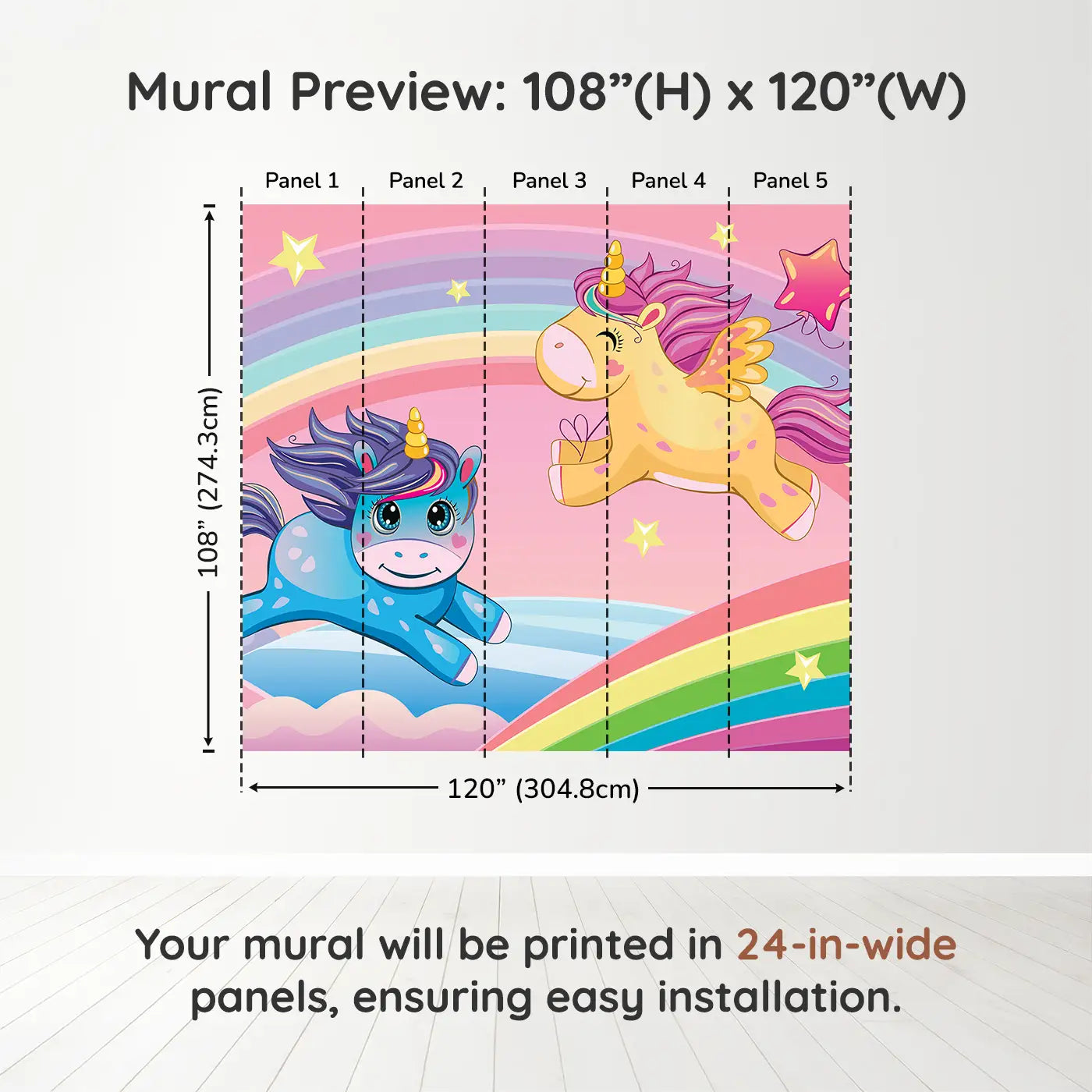 Whimsy Tots Rainbow Unicorn Dreams Wall Muraldimension view (108" H x 120" W). Printed in five 24-inch-wide panels. Unicorns leap across rainbows under a sky of stars and clouds.