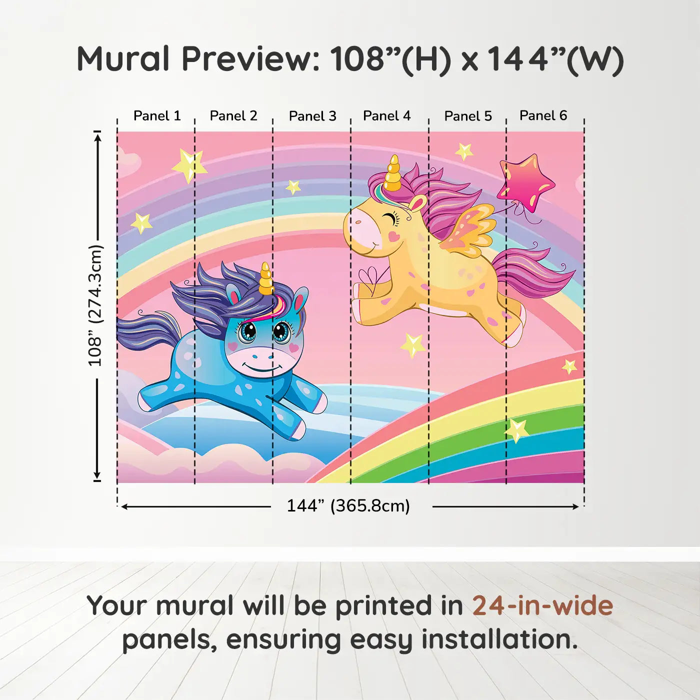 Whimsy Tots Rainbow Unicorn Dreams Wall Muraldimension view (108" H x 144" W). Printed in six 24-inch-wide panels. Unicorns leap across rainbows under a sky of stars and clouds.