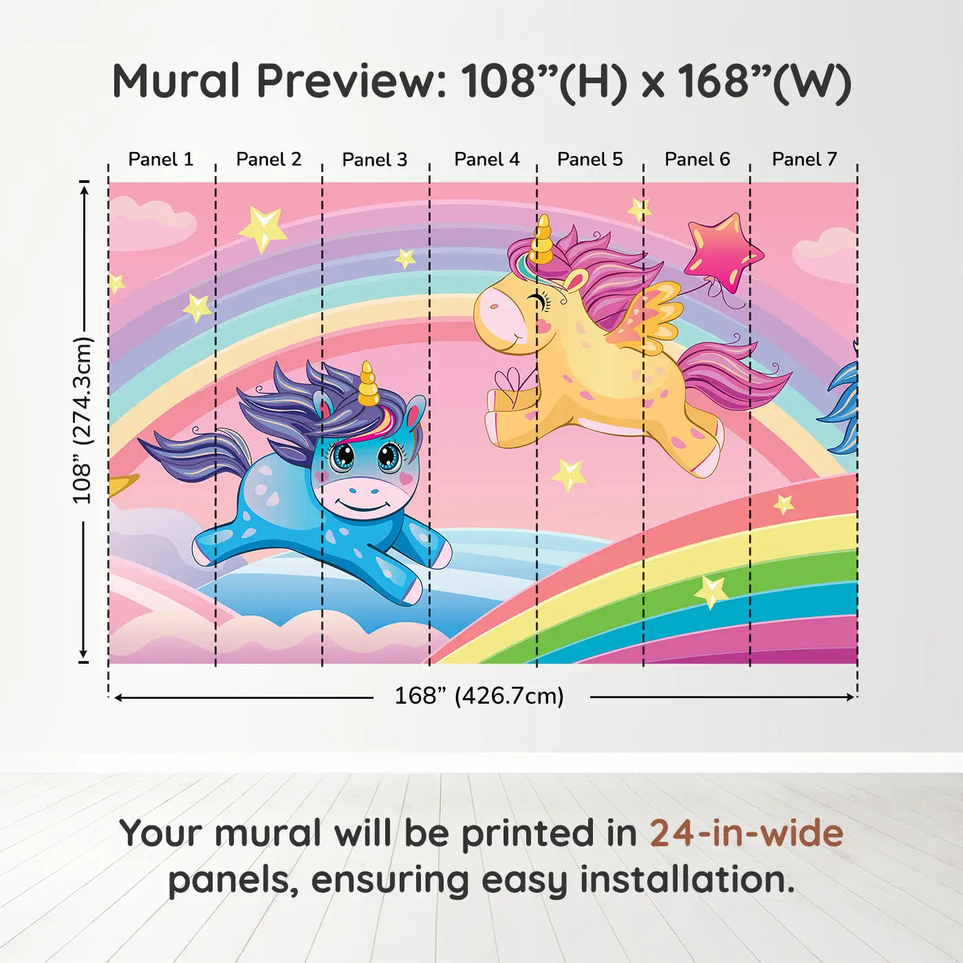 Whimsy Tots Rainbow Unicorn Dreams Wall Muraldimension view (108" H x 168" W). Printed in seven 24-inch-wide panels. Unicorns leap across rainbows under a sky of stars and clouds.
