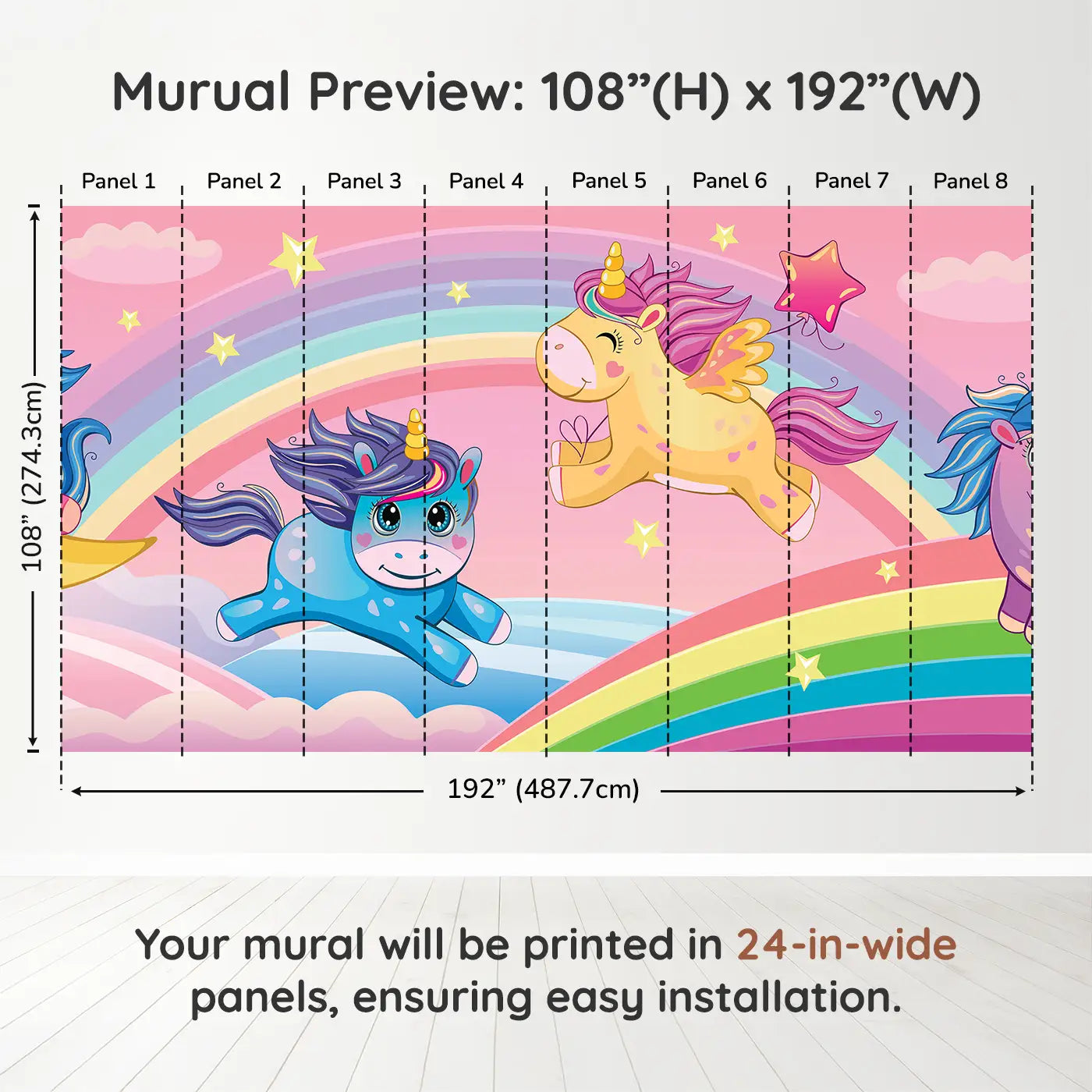 Whimsy Tots Rainbow Unicorn Dreams Wall Muraldimension view (108" H x 192" W). Printed in eight 24-inch-wide panels. Unicorns leap across rainbows under a sky of stars and clouds.