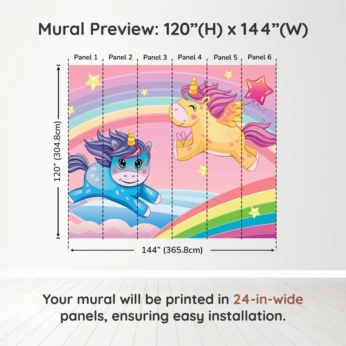 Whimsy Tots Rainbow Unicorn Dreams Wall Muraldimension view (120" H x 144" W). Printed in six 24-inch-wide panels. Unicorns leap across rainbows under a sky of stars and clouds.