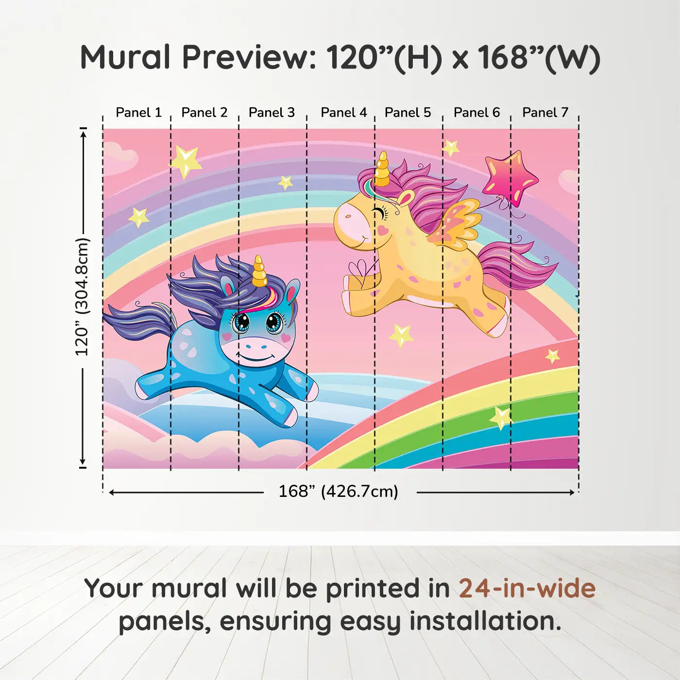 Whimsy Tots Rainbow Unicorn Dreams Wall Muraldimension view (120" H x 168" W). Printed in seven 24-inch-wide panels. Unicorns leap across rainbows under a sky of stars and clouds.