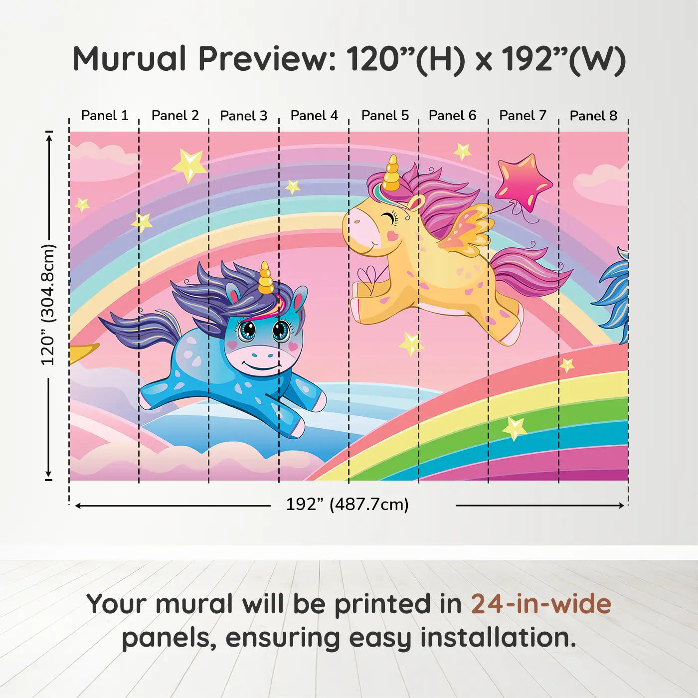 Whimsy Tots Rainbow Unicorn Dreams Wall Muraldimension view (120" H x 192" W). Printed in eight 24-inch-wide panels. Unicorns leap across rainbows under a sky of stars and clouds.