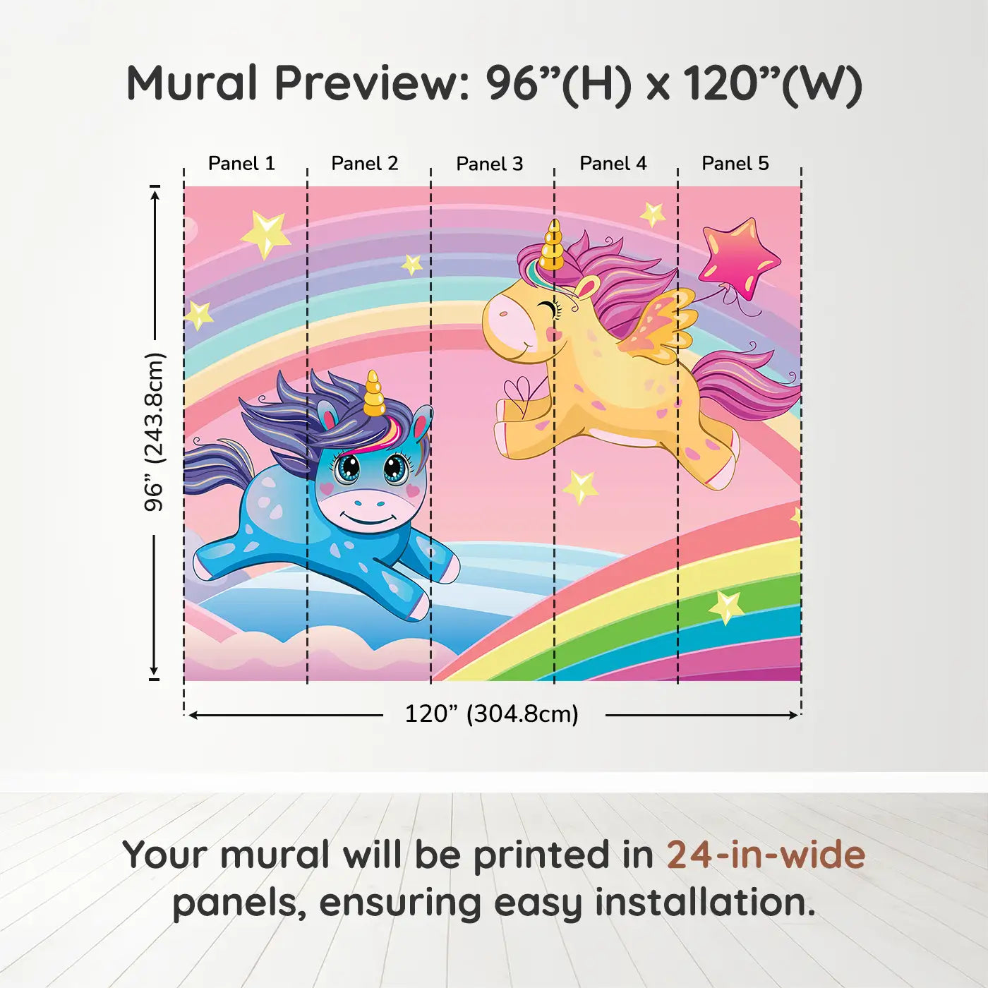 Whimsy Tots Rainbow Unicorn Dreams Wall Muraldimension view (96" H x 120" W). Printed in five 24-inch-wide panels. Unicorns leap across rainbows under a sky of stars and clouds.