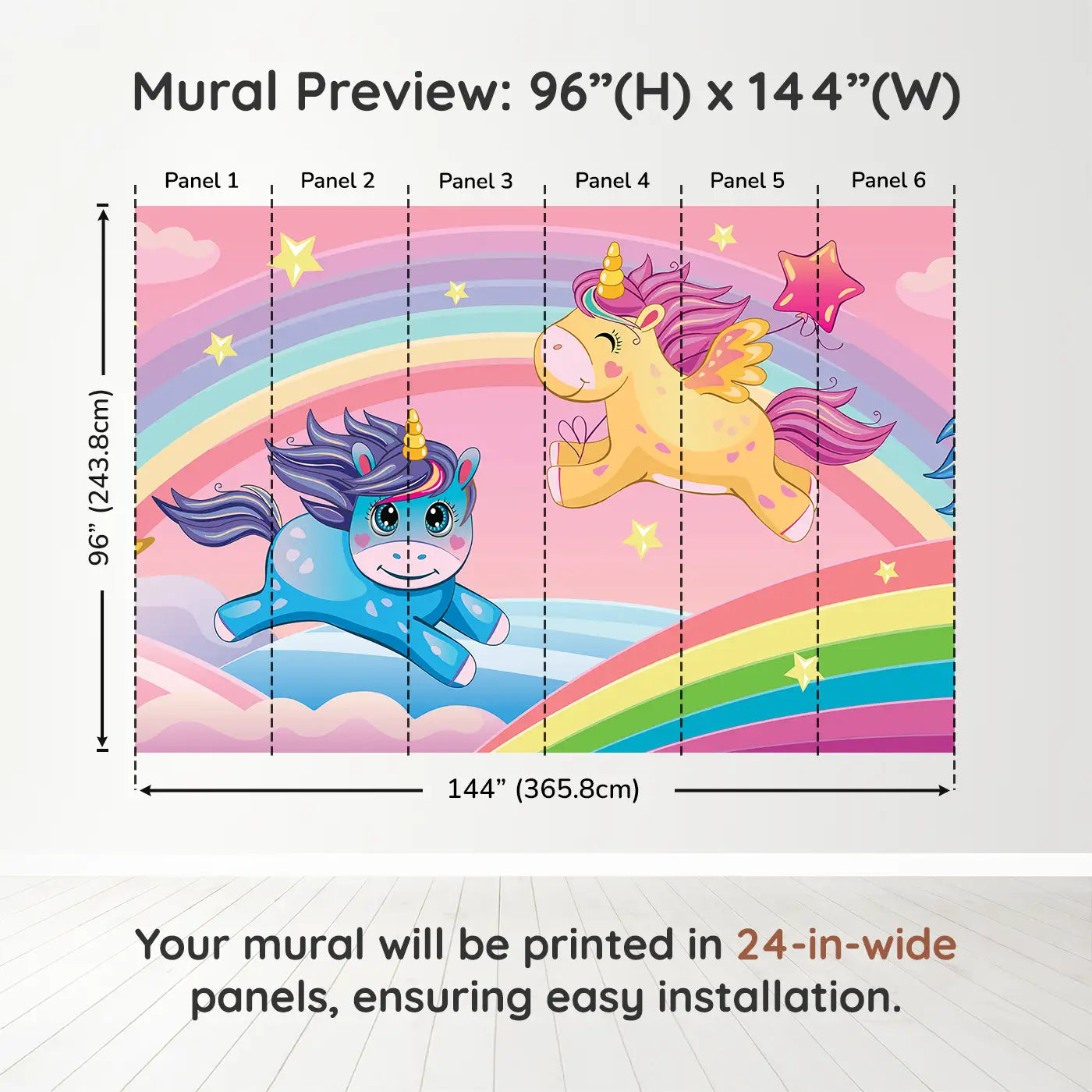 Whimsy Tots Rainbow Unicorn Dreams Wall Muraldimension view (96" H x 144" W). Printed in six 24-inch-wide panels. Unicorns leap across rainbows under a sky of stars and clouds.