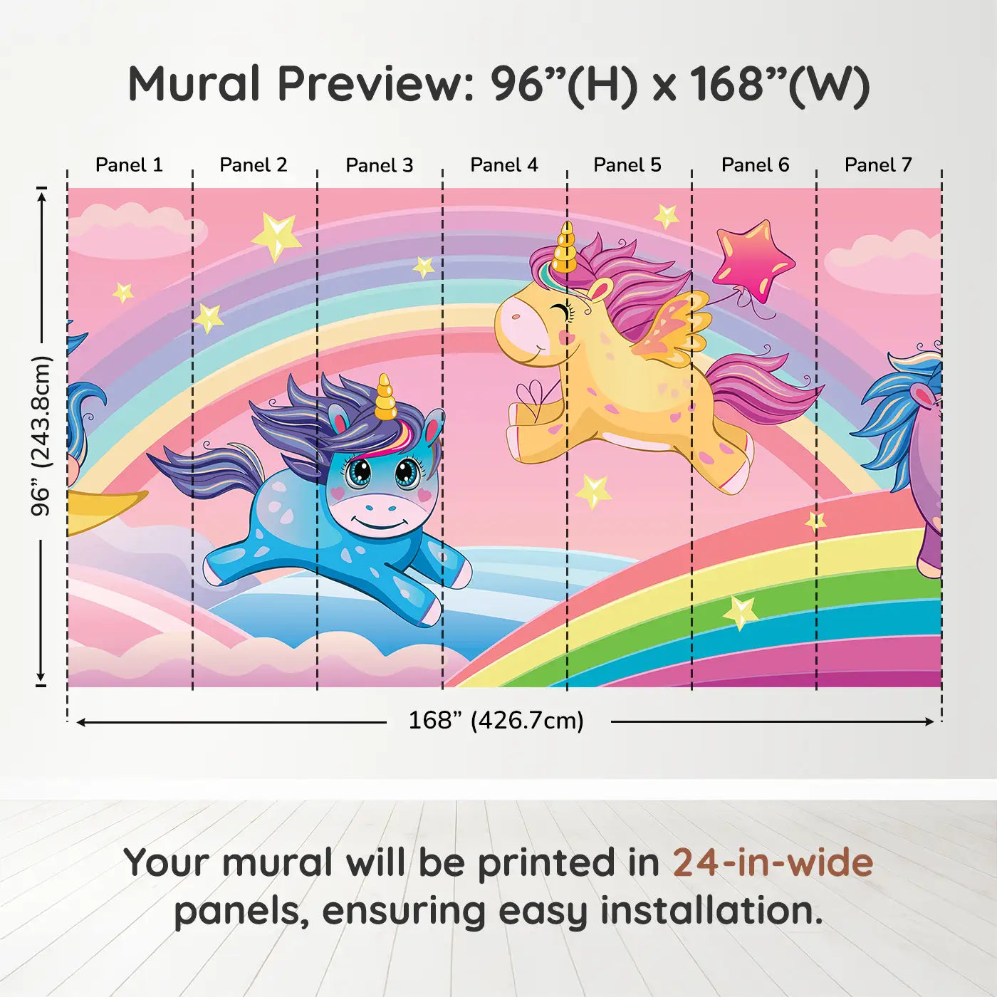 Whimsy Tots Rainbow Unicorn Dreams Wall Muraldimension view (96" H x 168" W). Printed in seven 24-inch-wide panels. Unicorns leap across rainbows under a sky of stars and clouds.