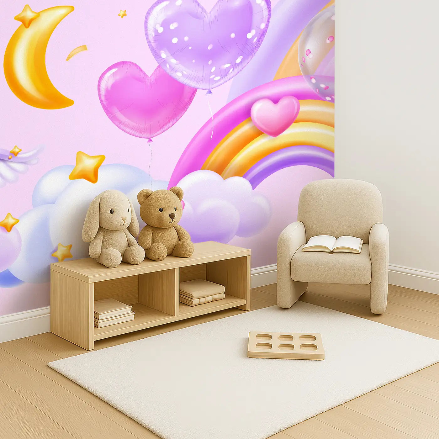 Angled view of Whimsy Tots' Celestial Unicorn Paradise Wall Mural (M0460).Rainbows, stars, and heart balloons float with magical unicorns.