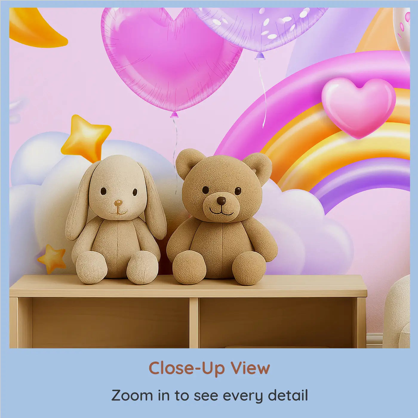 Close-up view of Whimsy Tots' Celestial Unicorn Paradise Wall Mural (M0460).Rainbows, stars, and heart balloons float with magical unicorns.