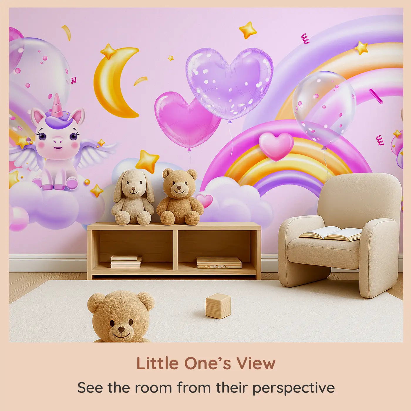 Whimsy Tots Celestial Unicorn Paradise Wall Mural (M0460) from your child's view.Rainbows, stars, and heart balloons float with magical unicorns.
