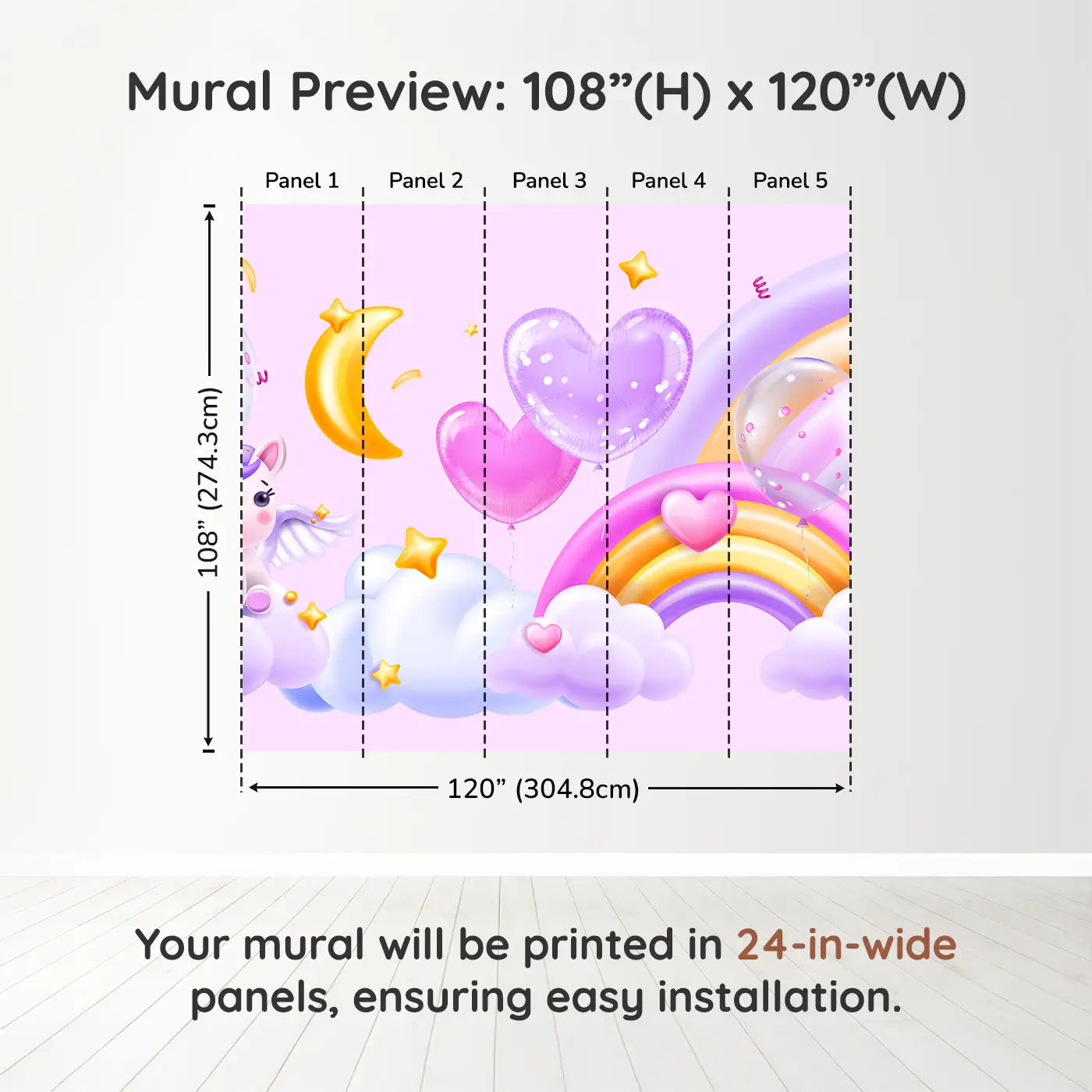 Whimsy Tots Celestial Unicorn Paradise Wall Muraldimension view (108" H x 120" W). Printed in five 24-inch-wide panels. Rainbows, stars, and heart balloons float with magical unicorns.