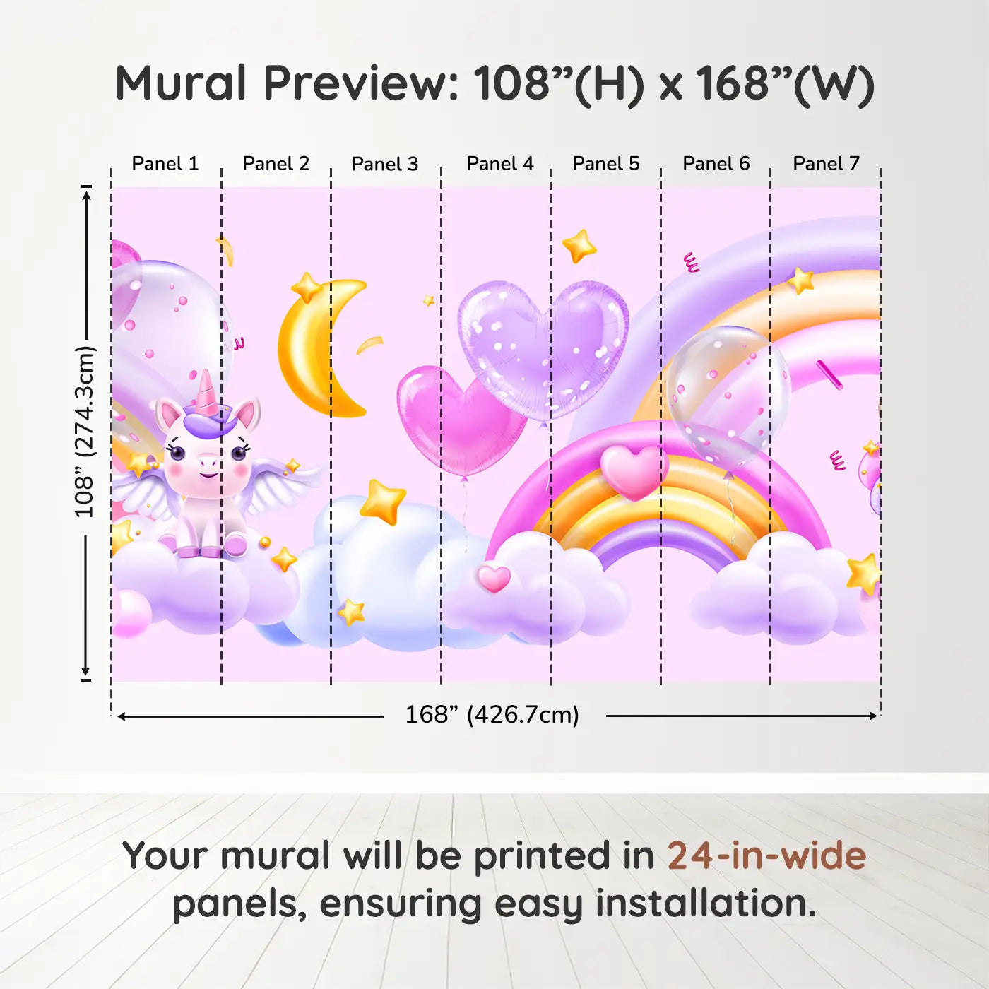 Whimsy Tots Celestial Unicorn Paradise Wall Muraldimension view (108" H x 168" W). Printed in seven 24-inch-wide panels. Rainbows, stars, and heart balloons float with magical unicorns.
