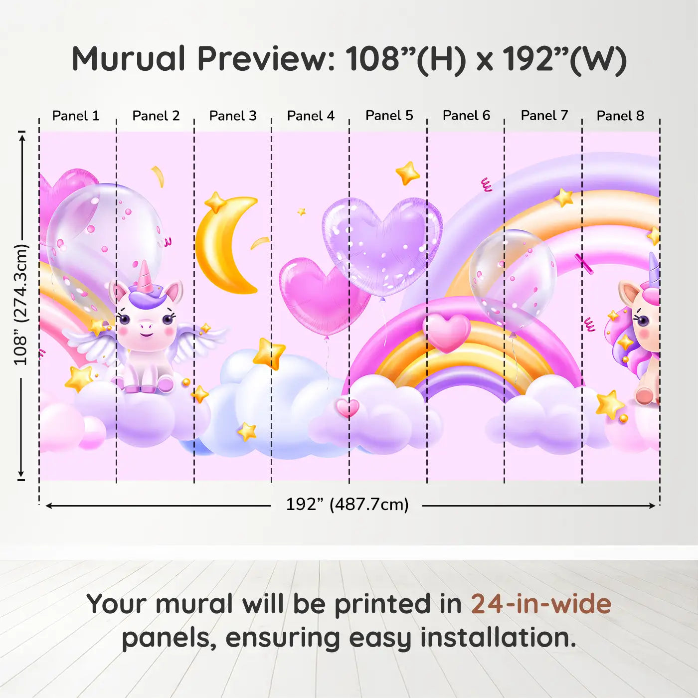 Whimsy Tots Celestial Unicorn Paradise Wall Muraldimension view (108" H x 192" W). Printed in eight 24-inch-wide panels. Rainbows, stars, and heart balloons float with magical unicorns.