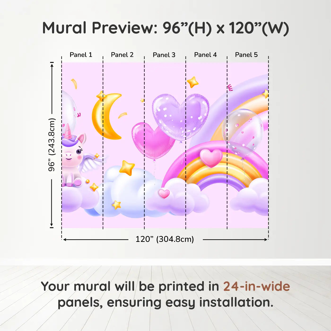 Whimsy Tots Celestial Unicorn Paradise Wall Muraldimension view (96" H x 120" W). Printed in five 24-inch-wide panels. Rainbows, stars, and heart balloons float with magical unicorns.