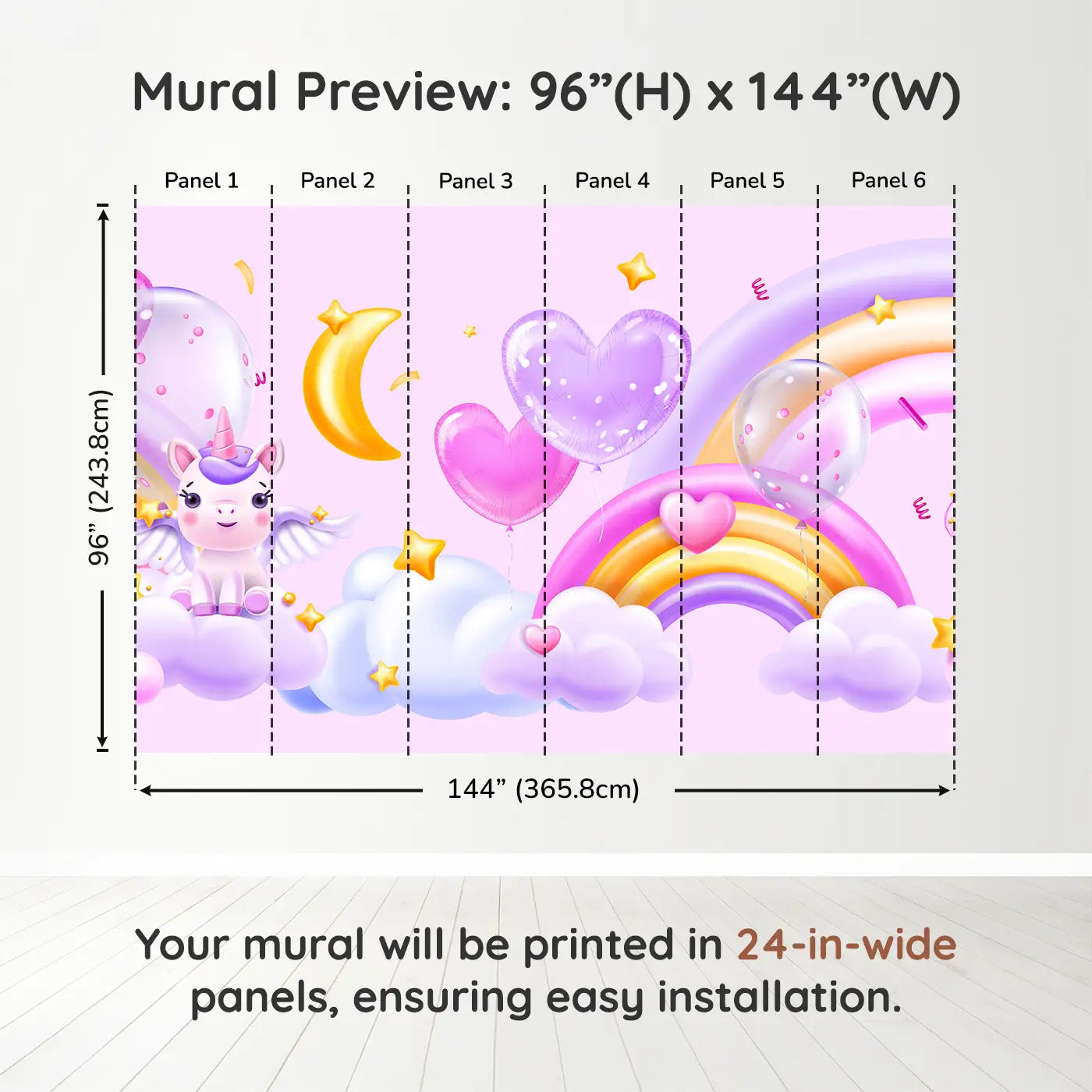 Whimsy Tots Celestial Unicorn Paradise Wall Muraldimension view (96" H x 144" W). Printed in six 24-inch-wide panels. Rainbows, stars, and heart balloons float with magical unicorns.