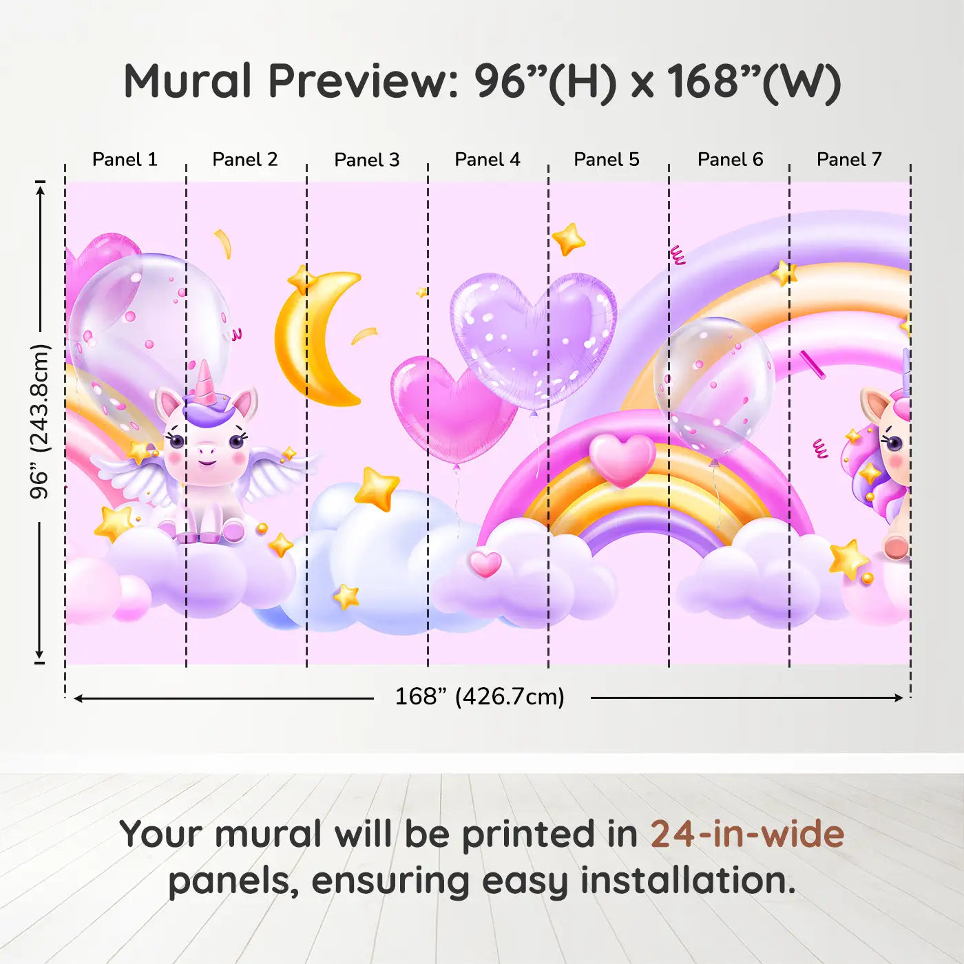 Whimsy Tots Celestial Unicorn Paradise Wall Muraldimension view (96" H x 168" W). Printed in seven 24-inch-wide panels. Rainbows, stars, and heart balloons float with magical unicorns.