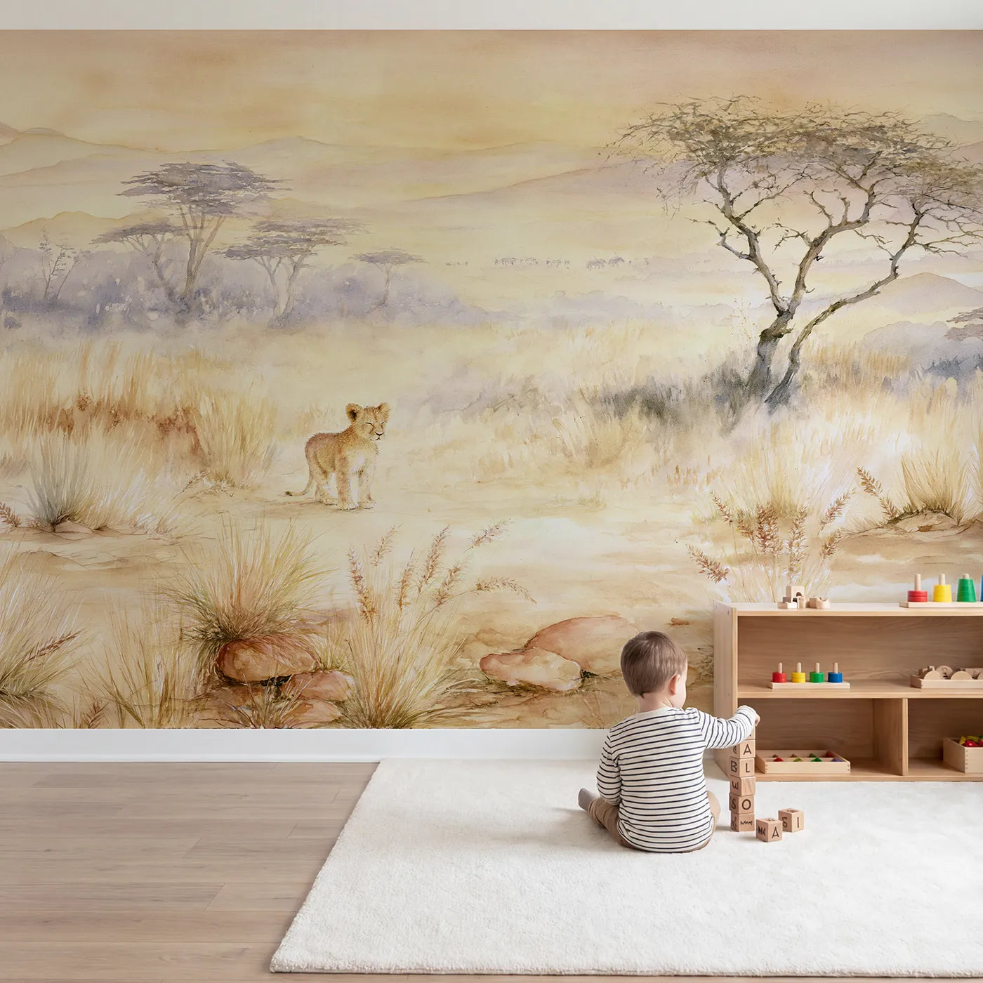 Child in nursery with Lion Cub Sunrise Wallpaper Mural by Whimsy Tots