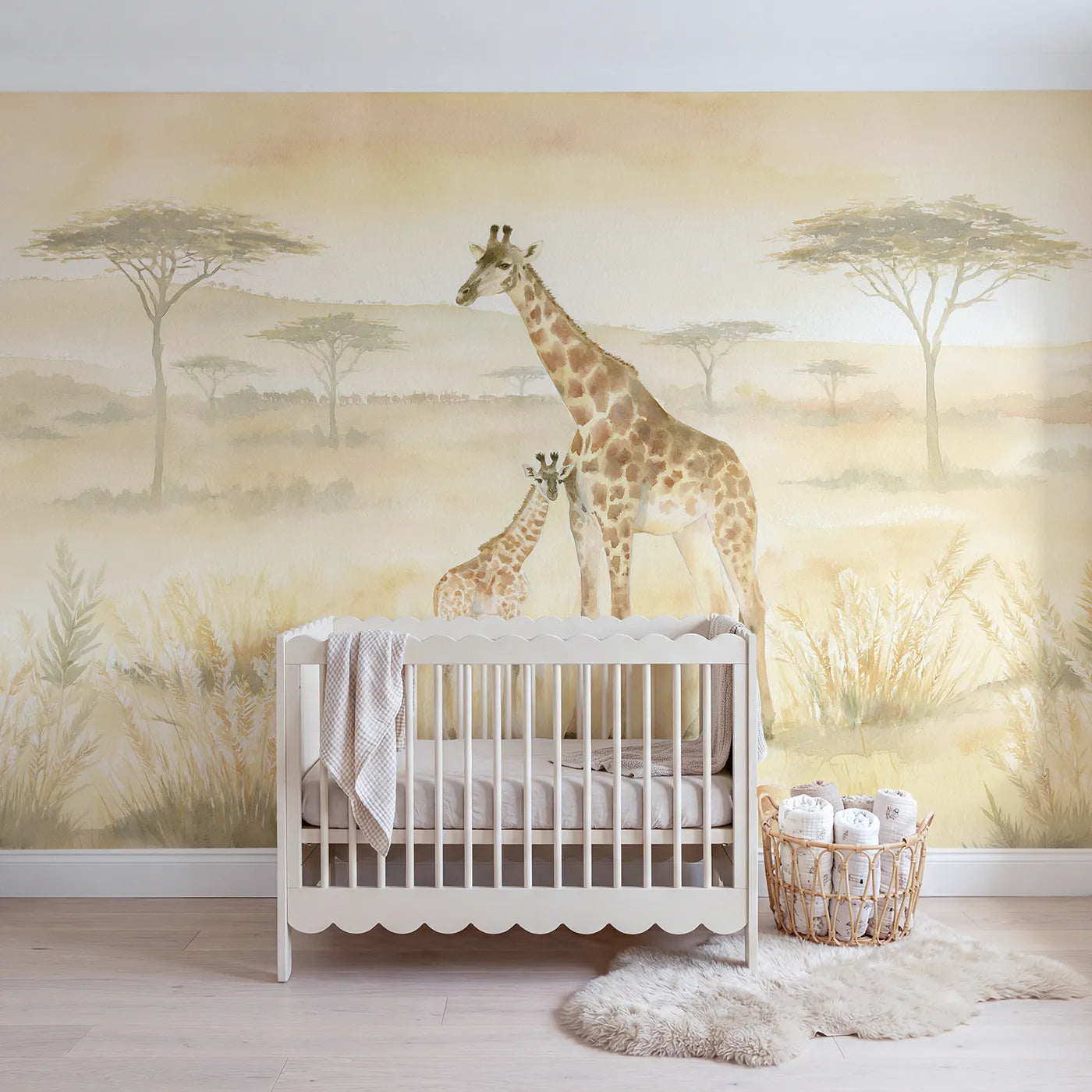 Watercolor wall mural of a giraffe mother and calf by Whimsy Tots