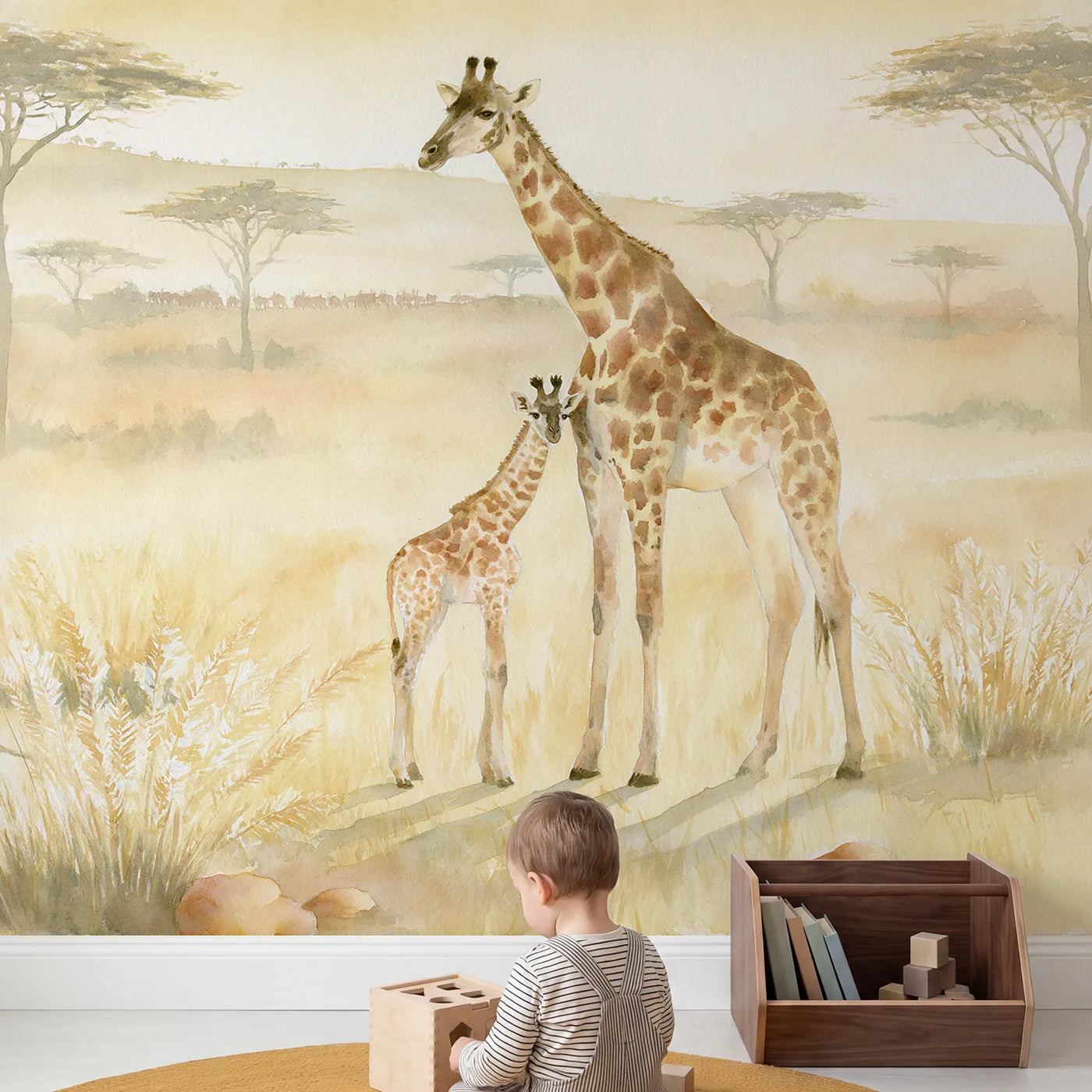 Child in nursery with Giraffe Mother Calf Wallpaper Mural by Whimsy Tots
