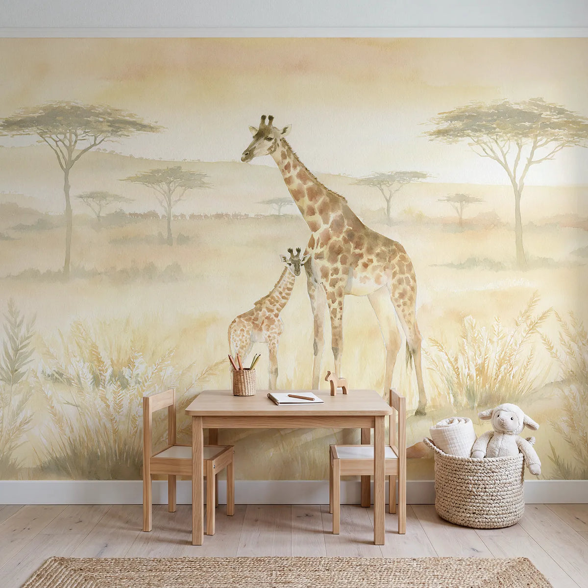 Giraffe Mother Calf Wallpaper Mural in playroom setting by Whimsy Tots