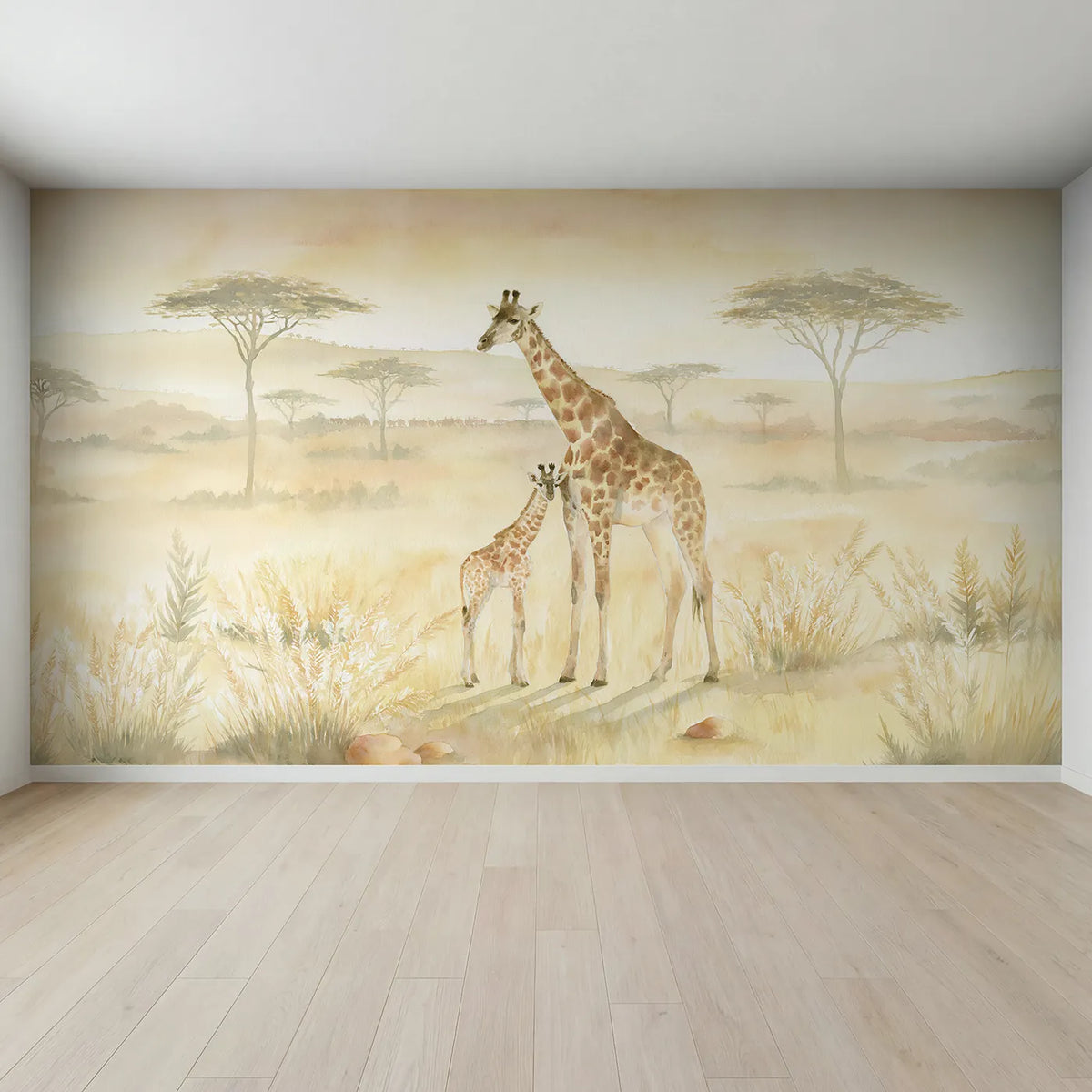Full view of Giraffe Mother Calf Wallpaper Mural by Whimsy Tots