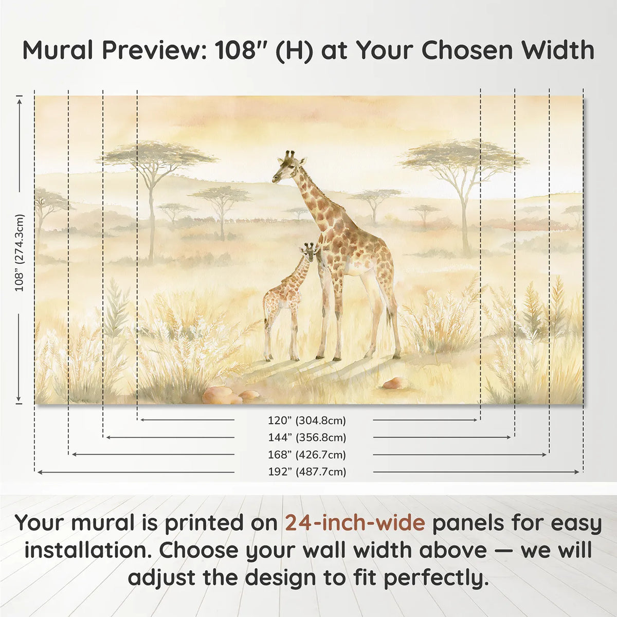 Panel layout and dimensions for Giraffe Mother Calf Wallpaper Mural by Whimsy Tots