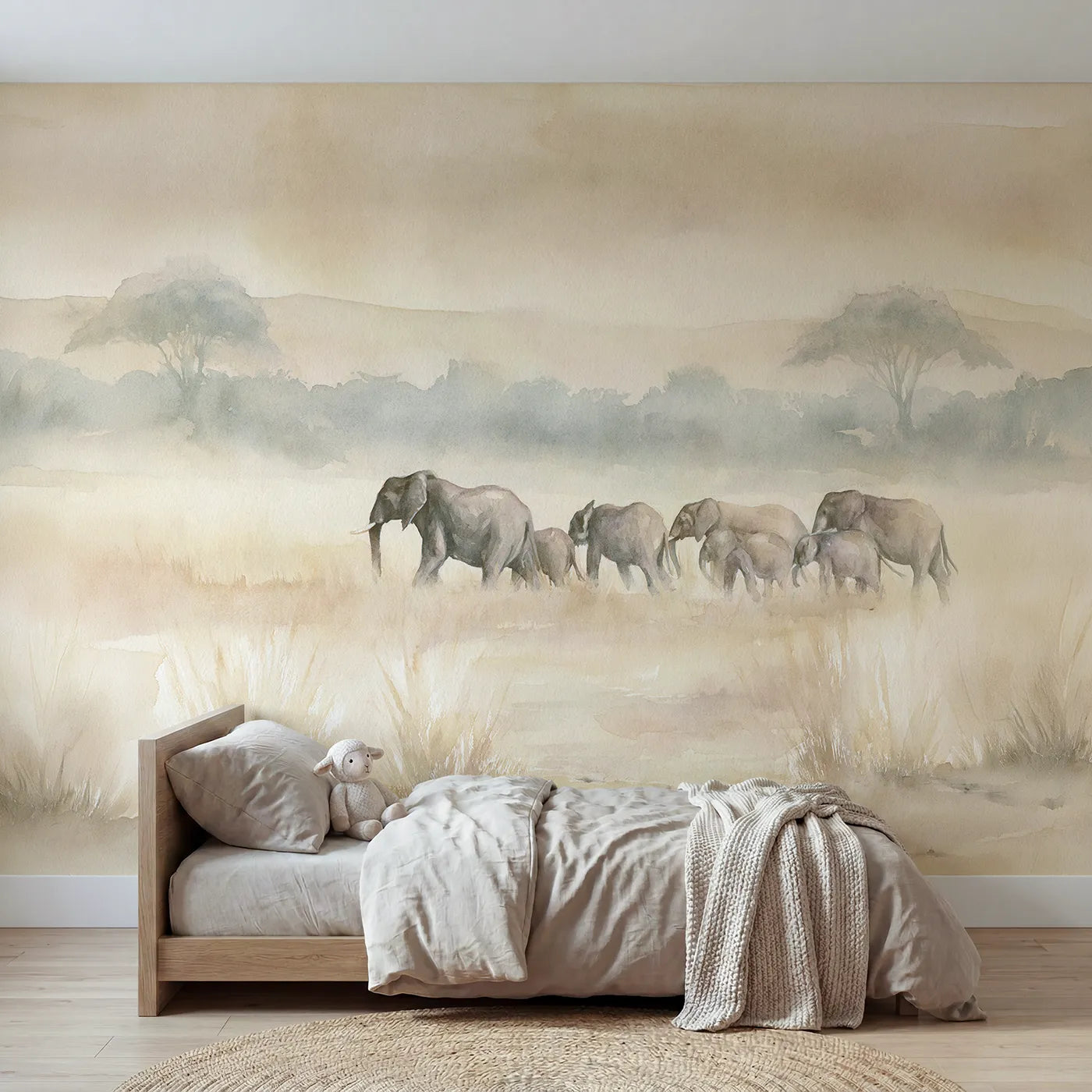 Watercolor wall mural of a misty elephant herd by Whimsy Tots