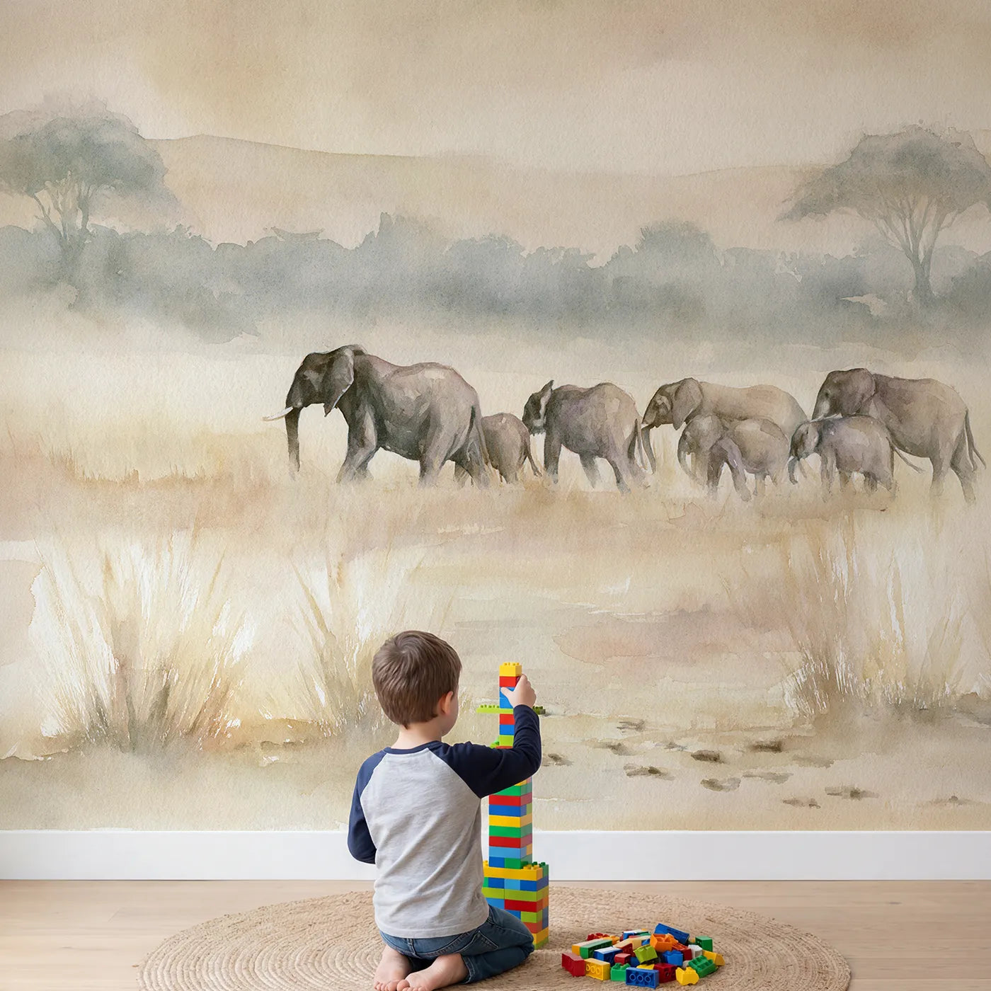 Child in nursery with Misty Elephant Herd Wallpaper Mural by Whimsy Tots