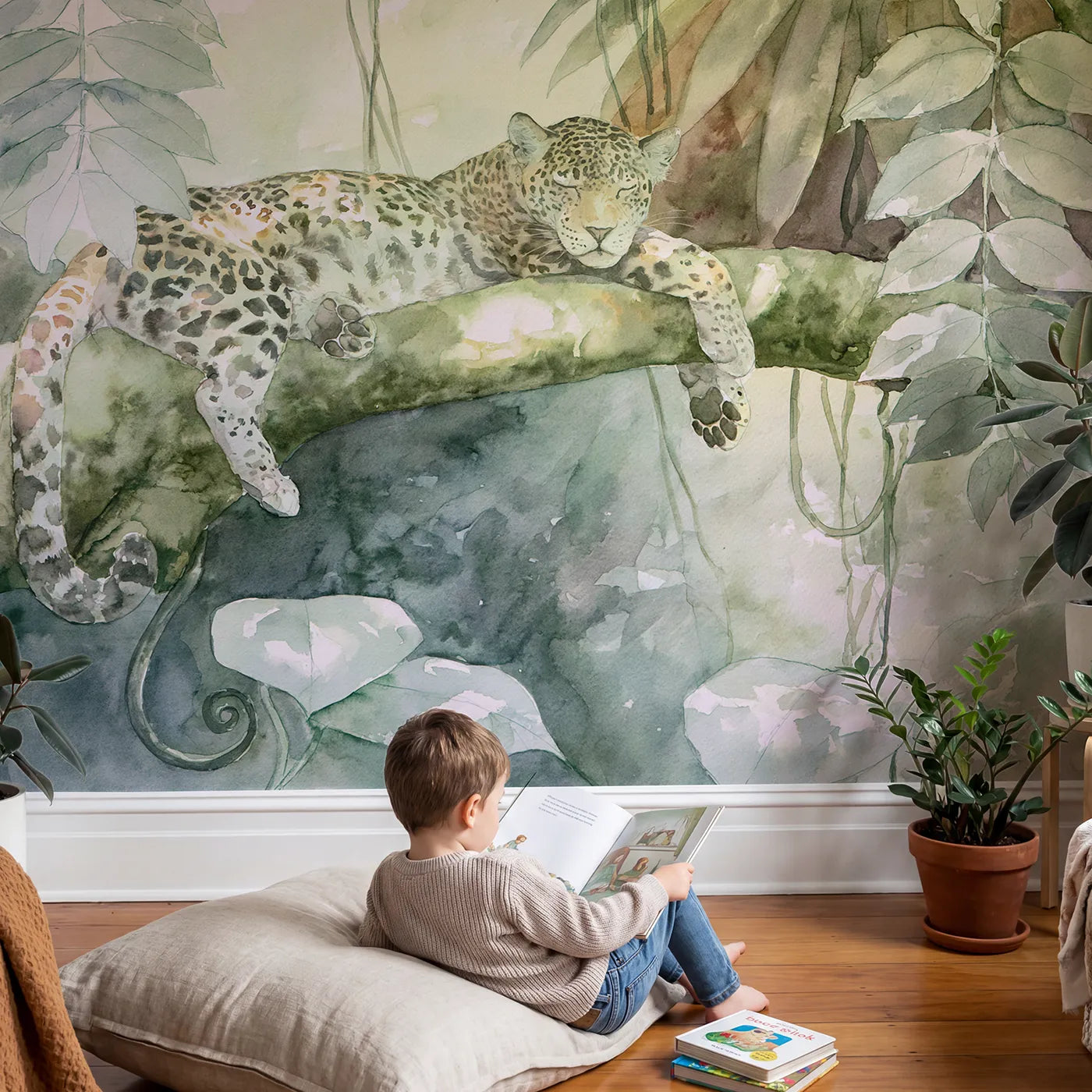 Child in nursery with Sleepy Leopard Branch Wallpaper Mural by Whimsy Tots