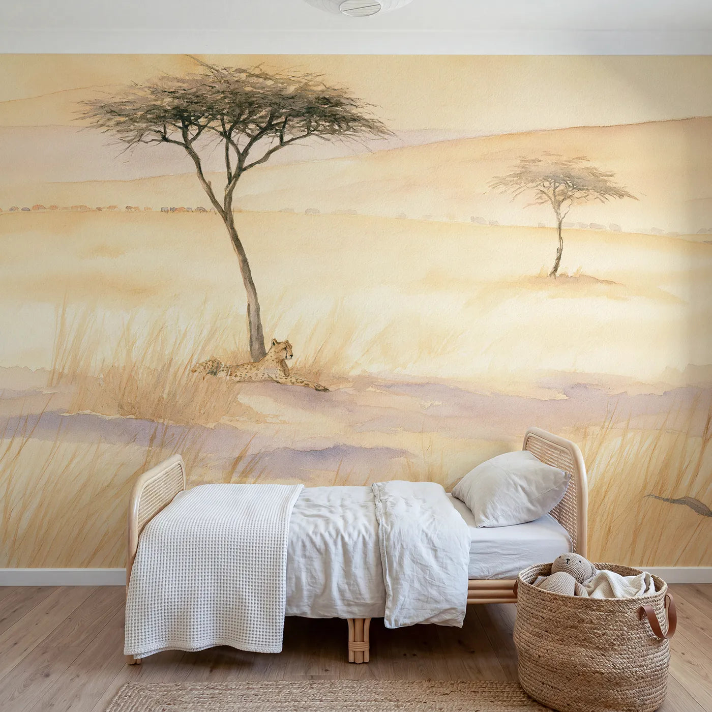 Watercolor wall mural of a cheetah in savanna shade by Whimsy Tots