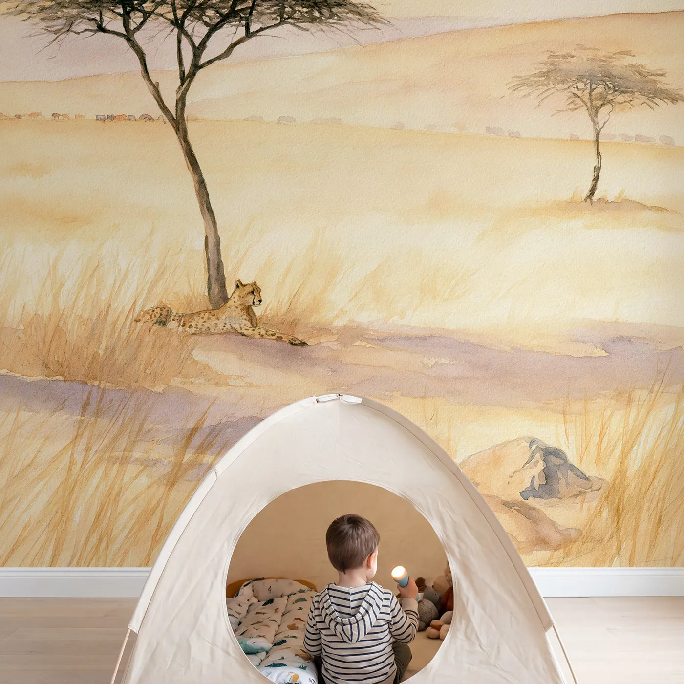 Child in nursery with Cheetah Shade Tree Wallpaper Mural by Whimsy Tots