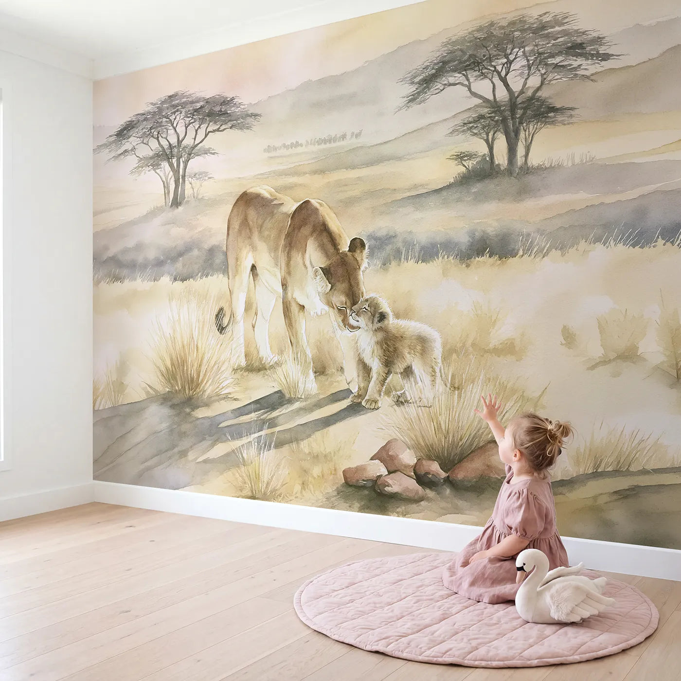 Child in nursery with Lioness Cub Nuzzle Wallpaper Mural by Whimsy Tots
