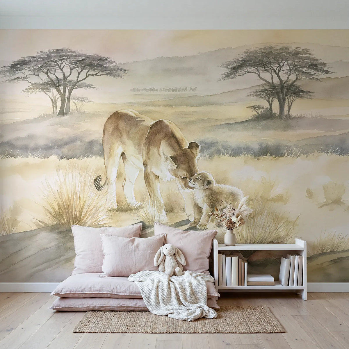 Lioness Cub Nuzzle Wallpaper Mural in playroom setting by Whimsy Tots