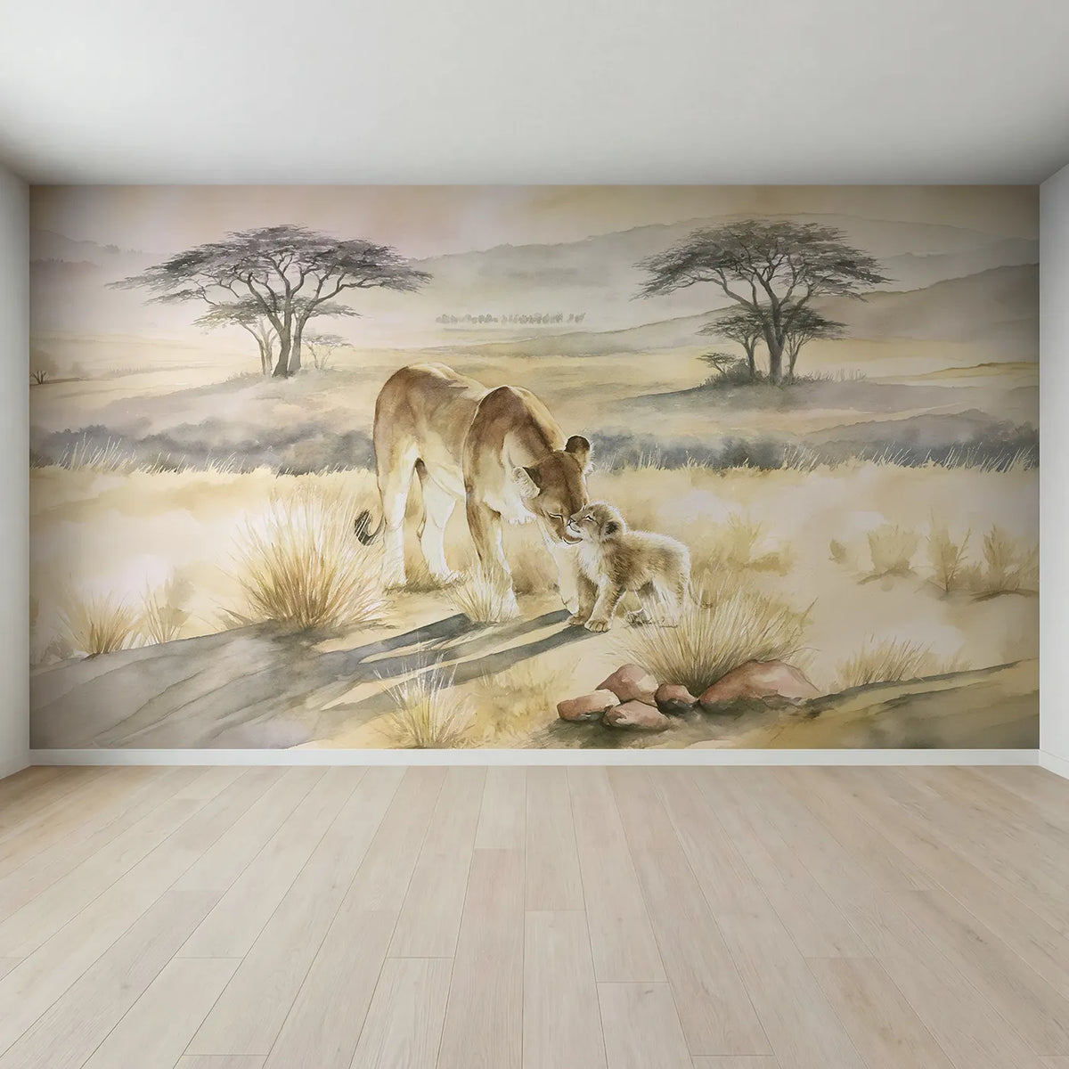 Full view of Lioness Cub Nuzzle Wallpaper Mural by Whimsy Tots
