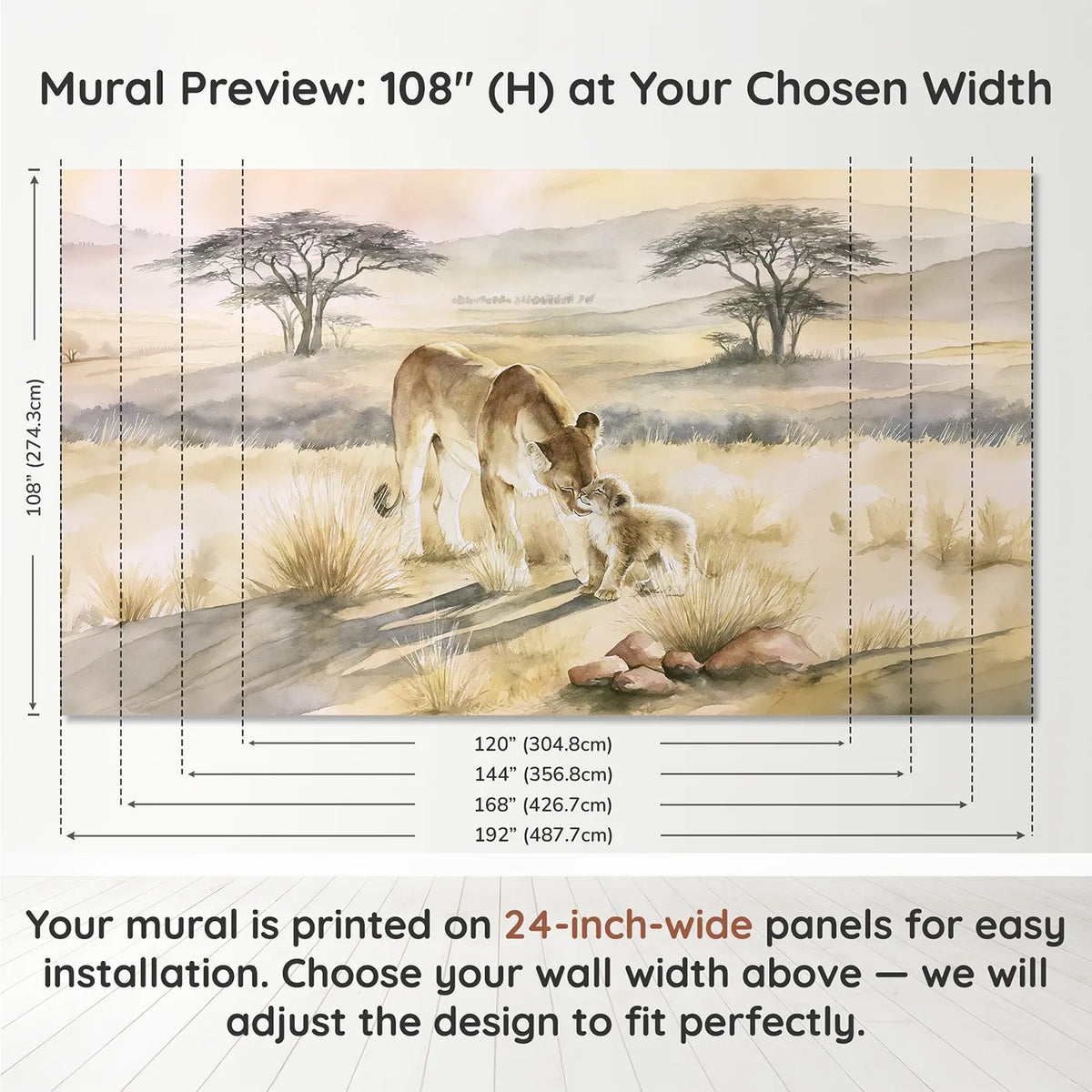 Panel layout and dimensions for Lioness Cub Nuzzle Wallpaper Mural by Whimsy Tots