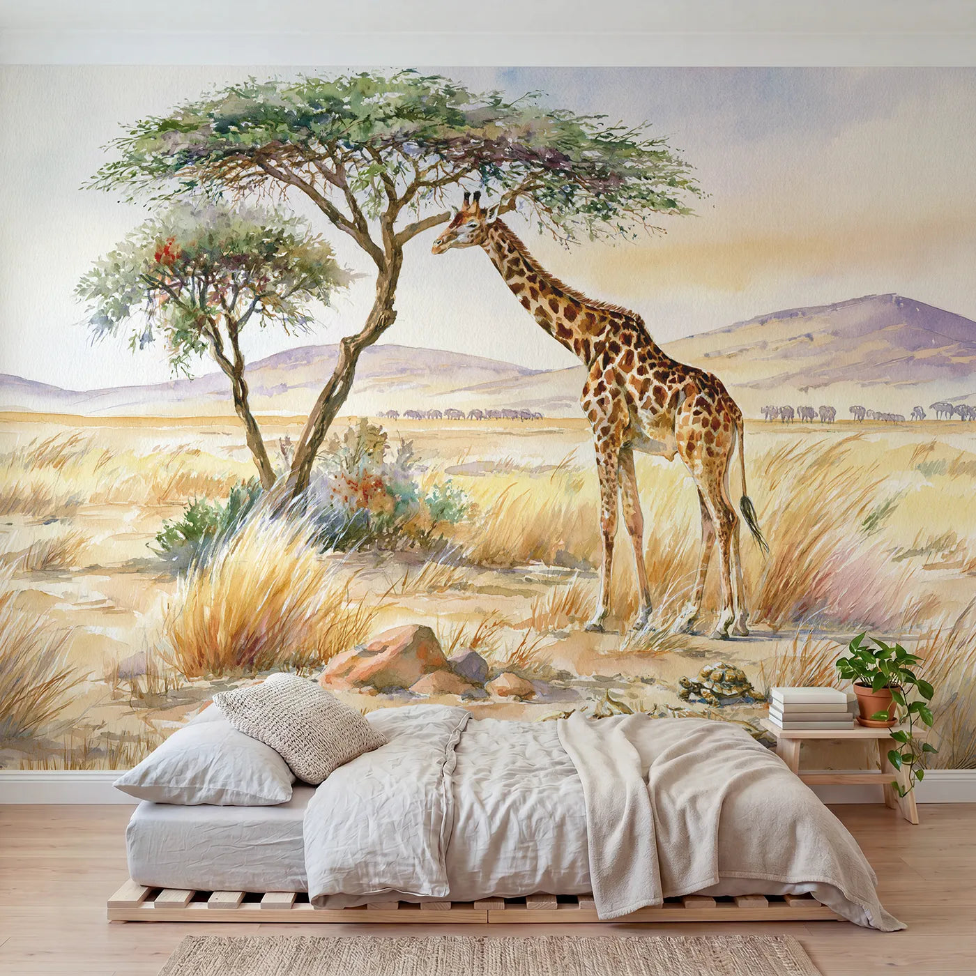 Watercolor wall mural of giraffes browsing an acacia by Whimsy Tots