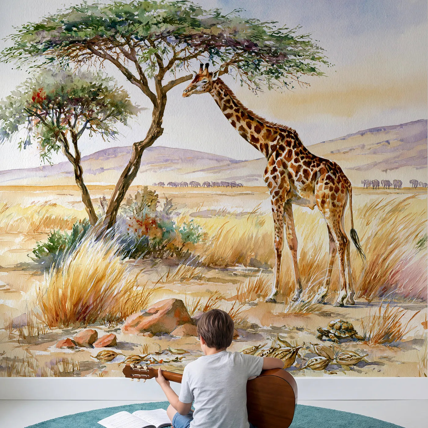 Child in nursery with Giraffe Acacia Browse Wallpaper Mural by Whimsy Tots