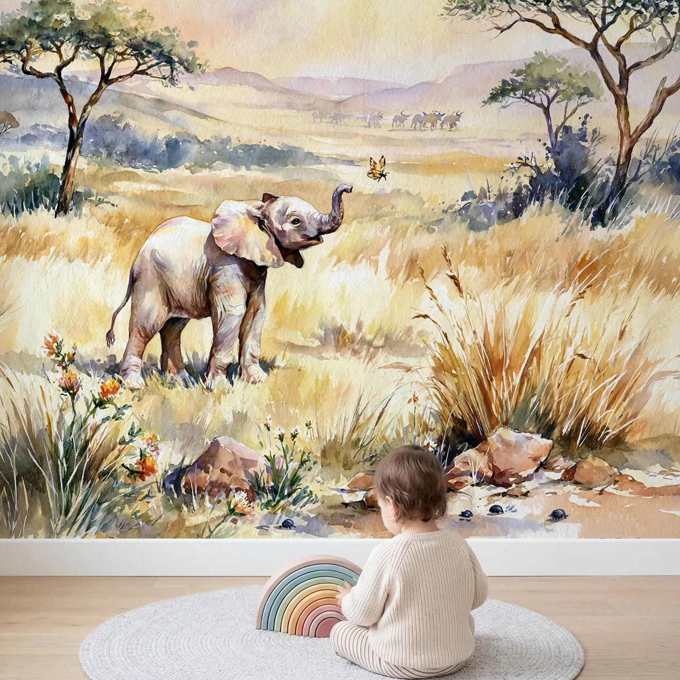 Child in nursery with Elephant Calf Butterfly Wallpaper Mural by Whimsy Tots