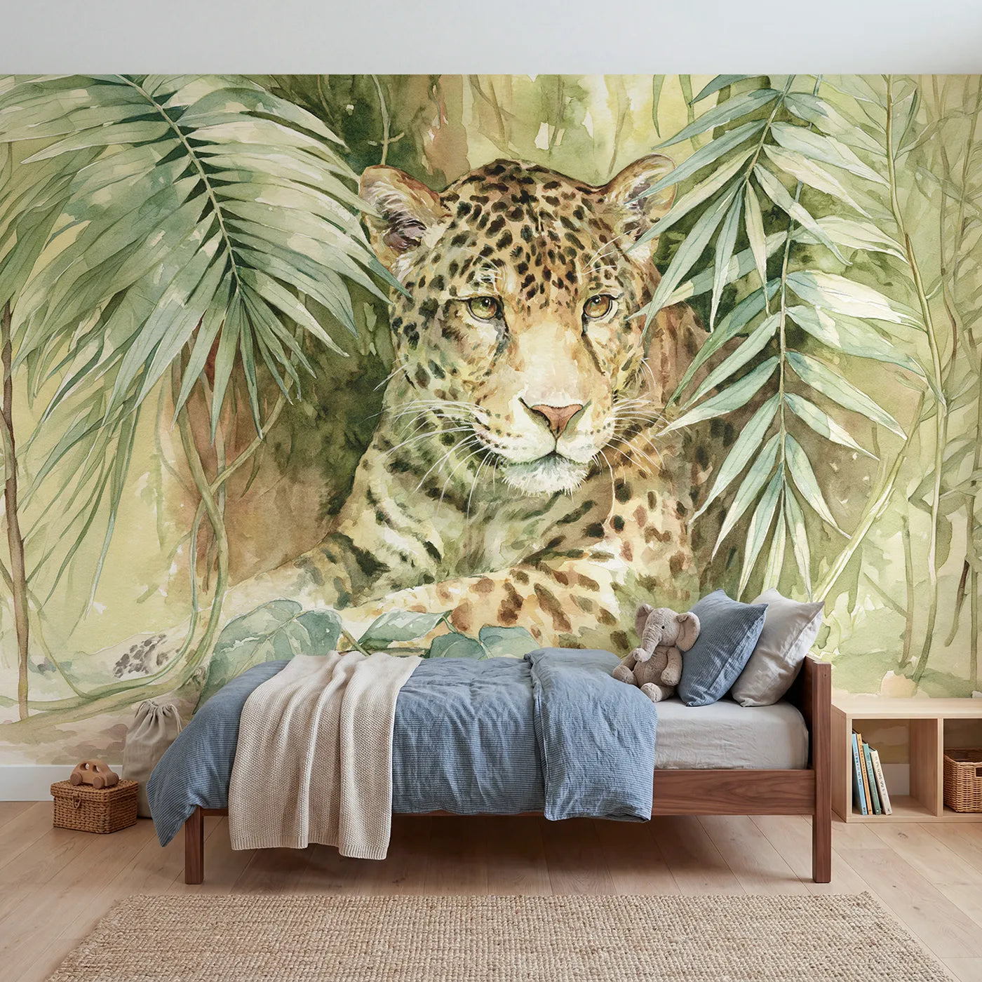 Watercolor wall mural of a leopard among jungle leaves by Whimsy Tots
