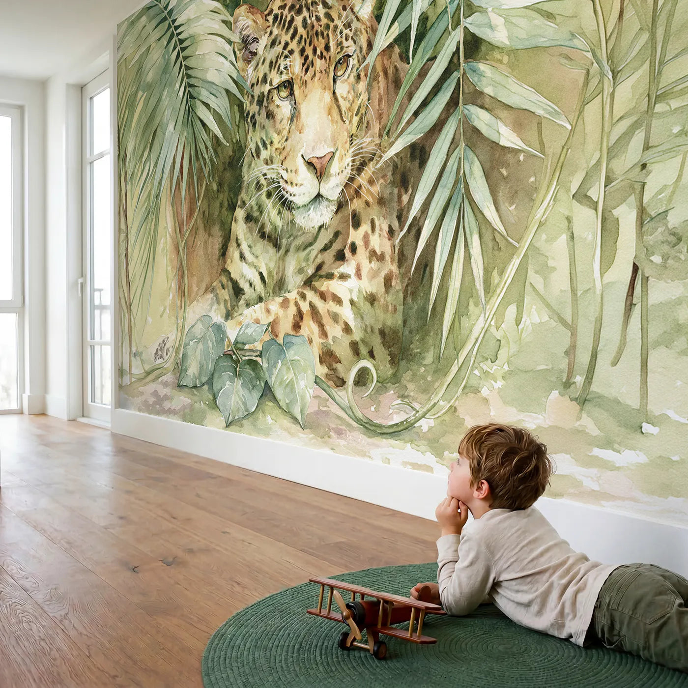 Child in nursery with Leopard Leafy Portrait Wallpaper Mural by Whimsy Tots
