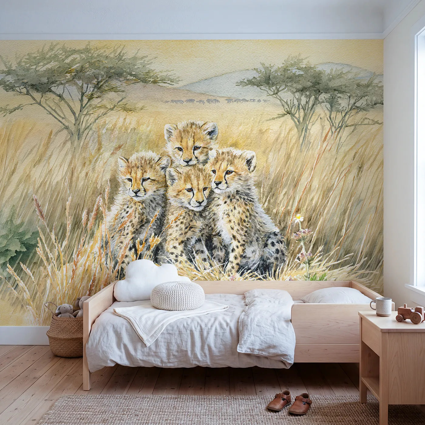 Watercolor wall mural of a cheetah mother and cubs by Whimsy Tots
