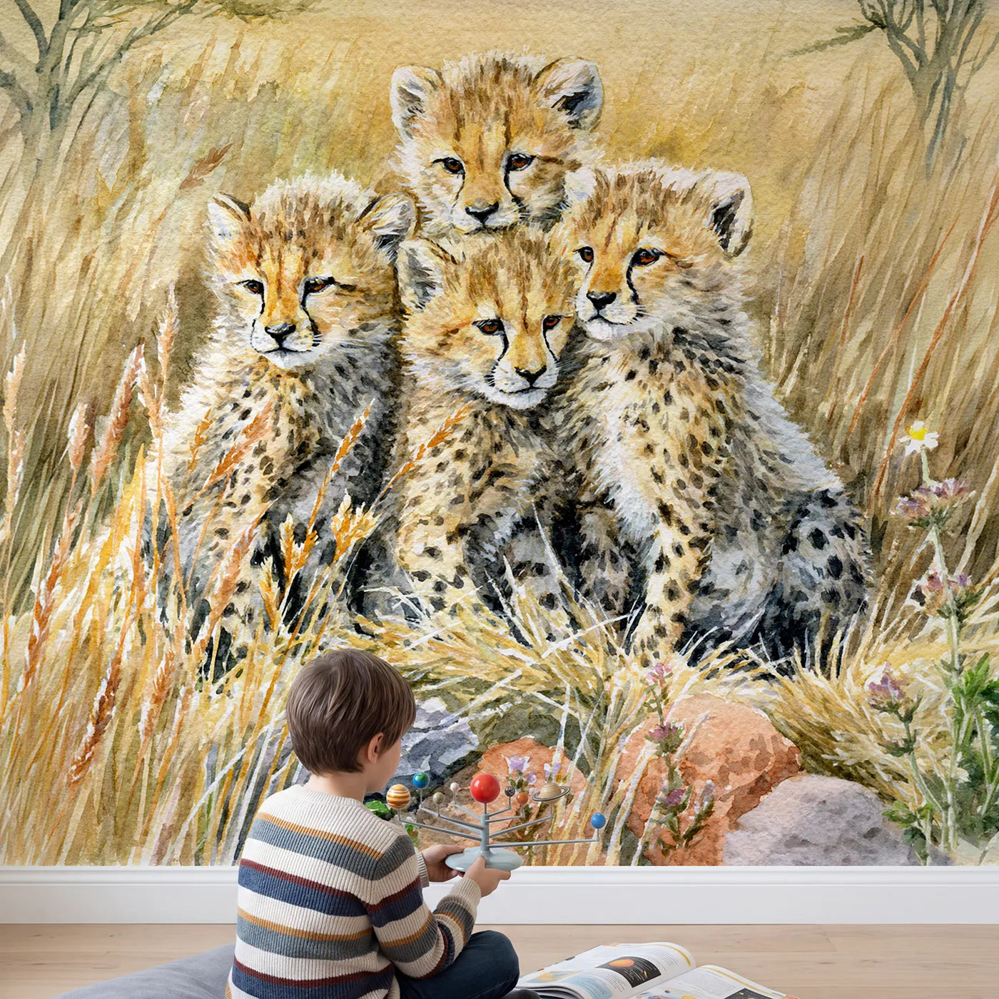 Child in nursery with Cheetah Cubs Trio Wallpaper Mural by Whimsy Tots