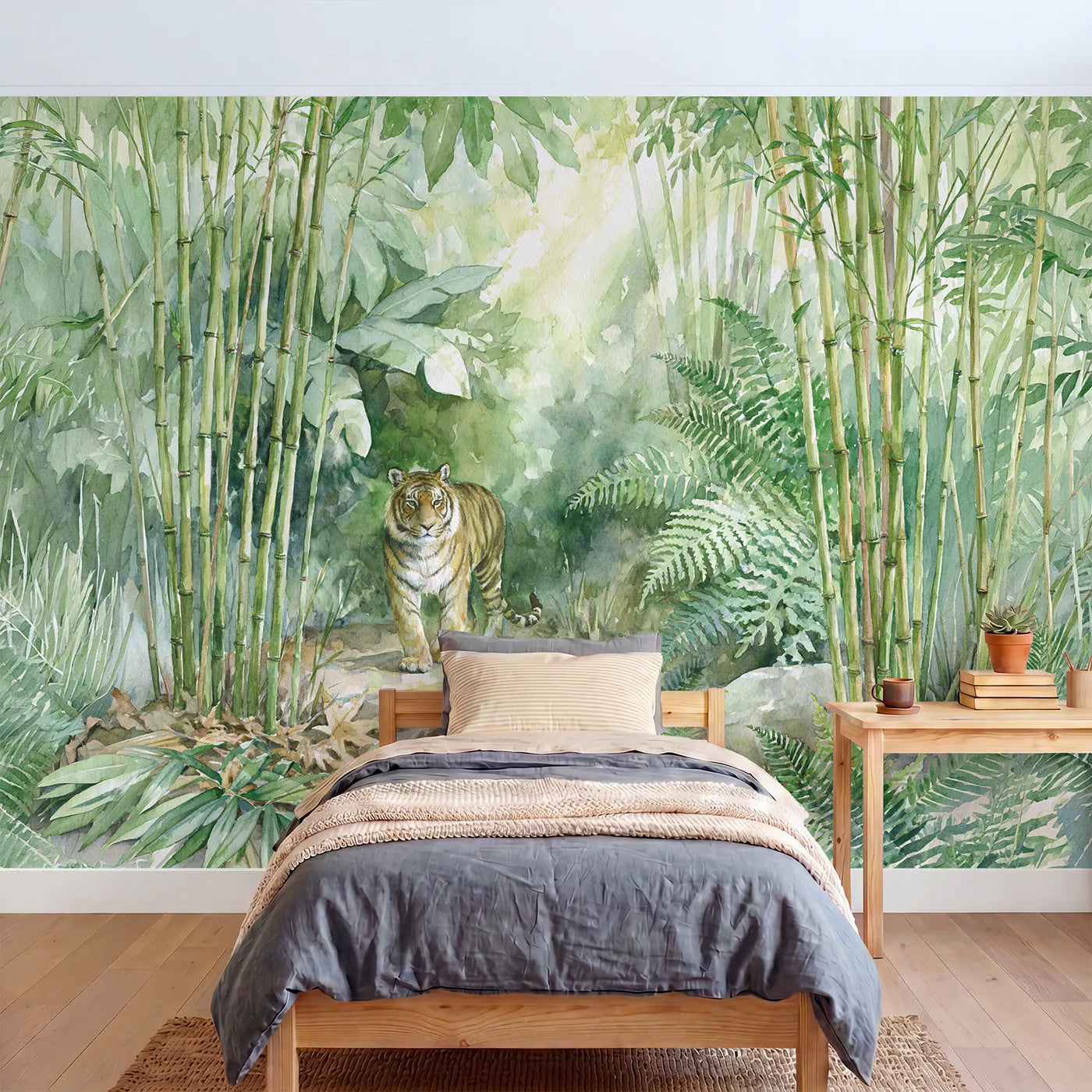 Watercolor wall mural of a tiger in a bamboo grove by Whimsy Tots