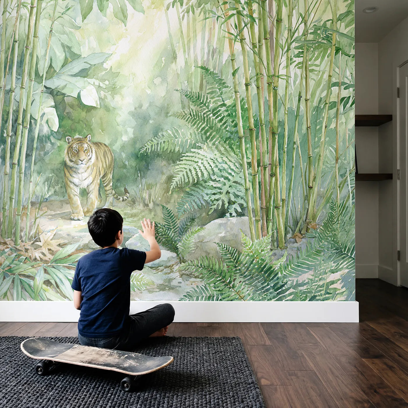 Child in nursery with Tiger Bamboo Grove Wallpaper Mural by Whimsy Tots