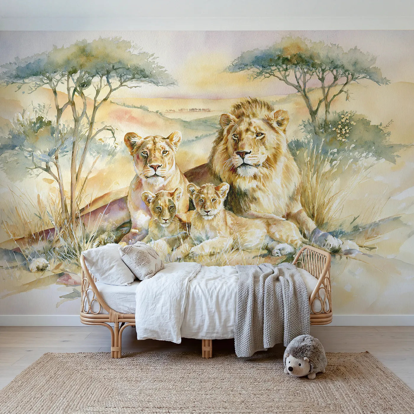 Watercolor wall mural of a lion pride resting by Whimsy Tots