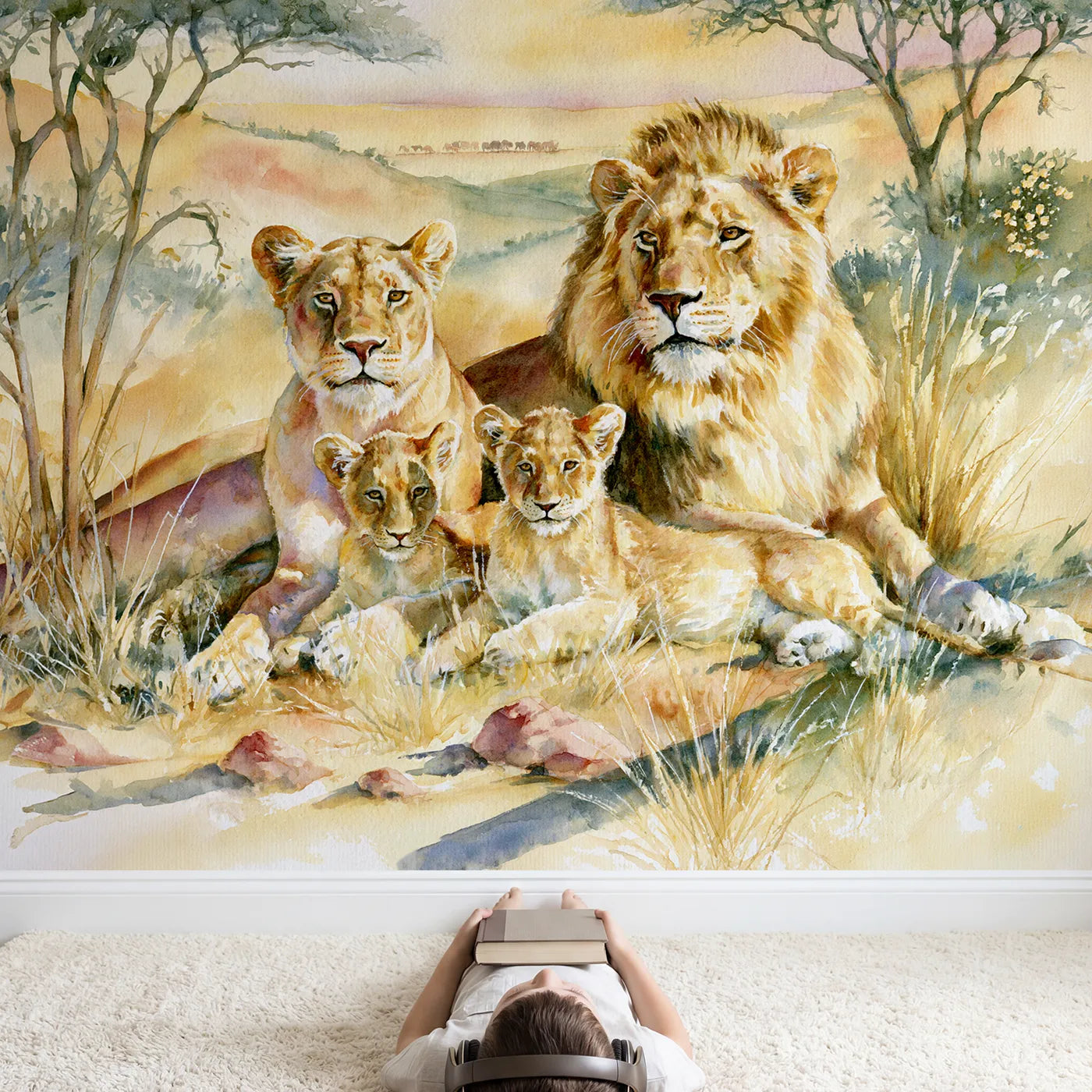 Child in nursery with Lion Pride Rest Wallpaper Mural by Whimsy Tots