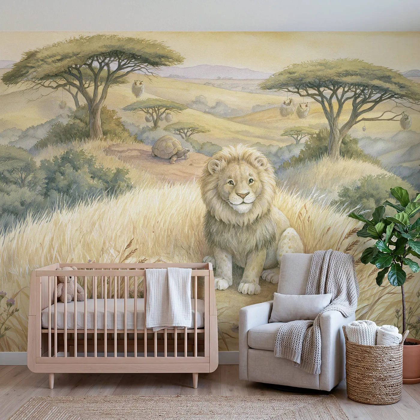 Storybook wall mural of a friendly smiling lion by Whimsy Tots