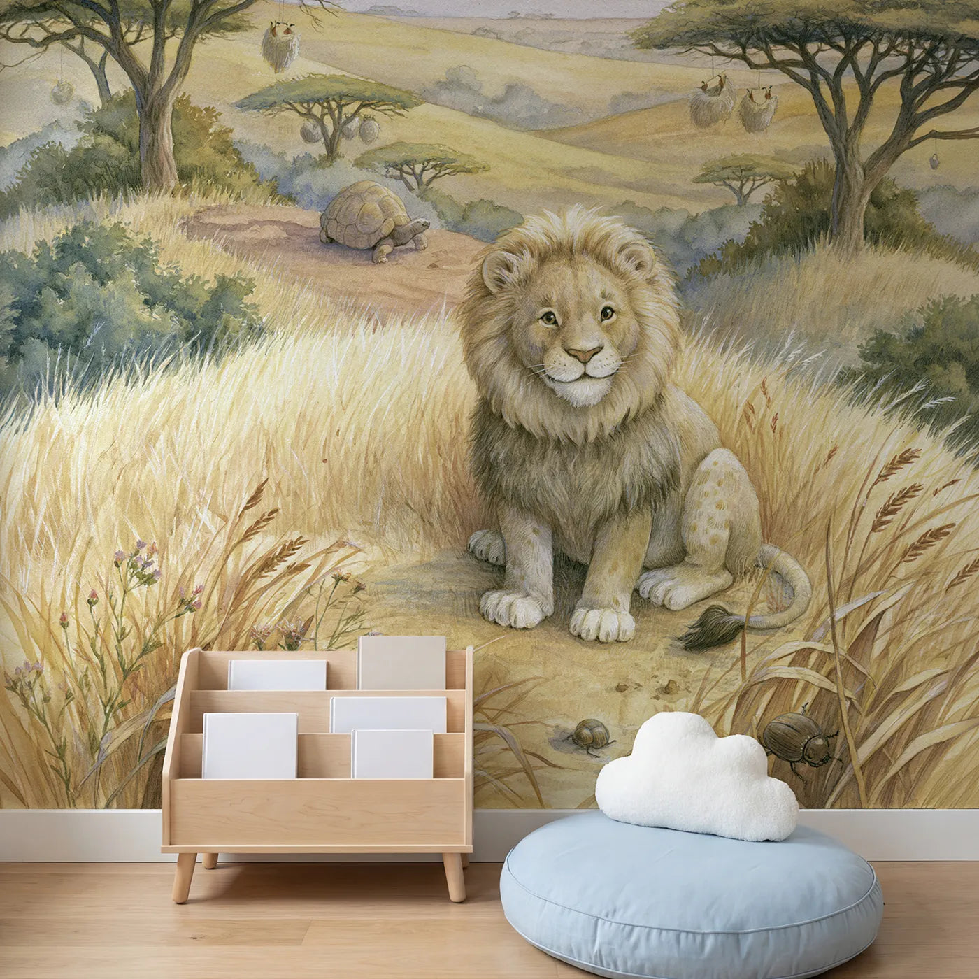 Child in nursery with Friendly Lion King Wallpaper Mural by Whimsy Tots