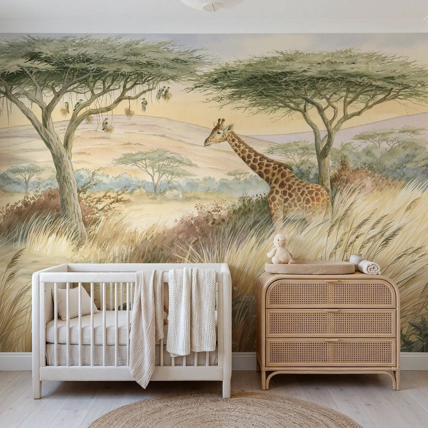 Storybook wall mural of a giraffe peeking over trees by Whimsy Tots