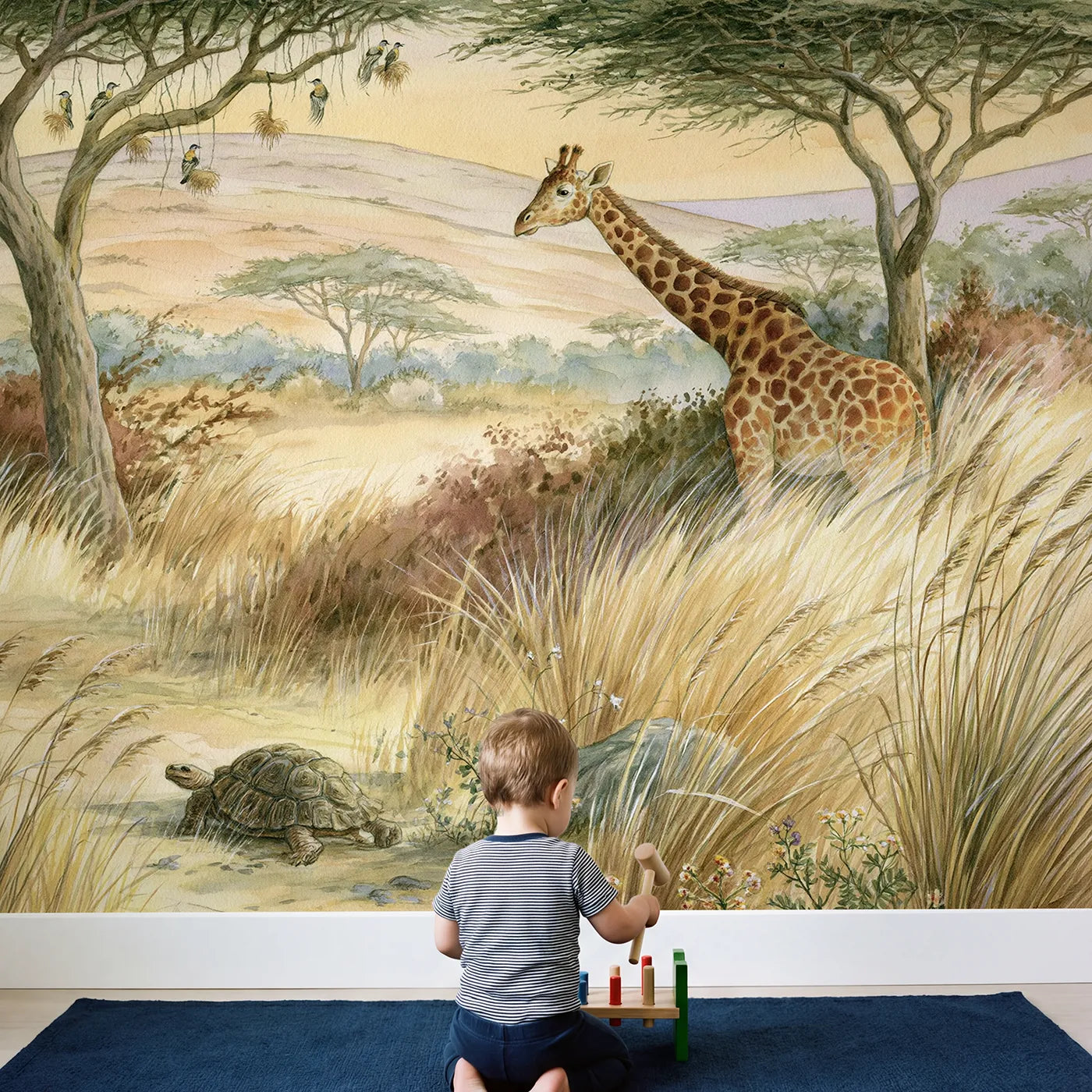 Child in nursery with Giraffe Treetop Peek Wallpaper Mural by Whimsy Tots