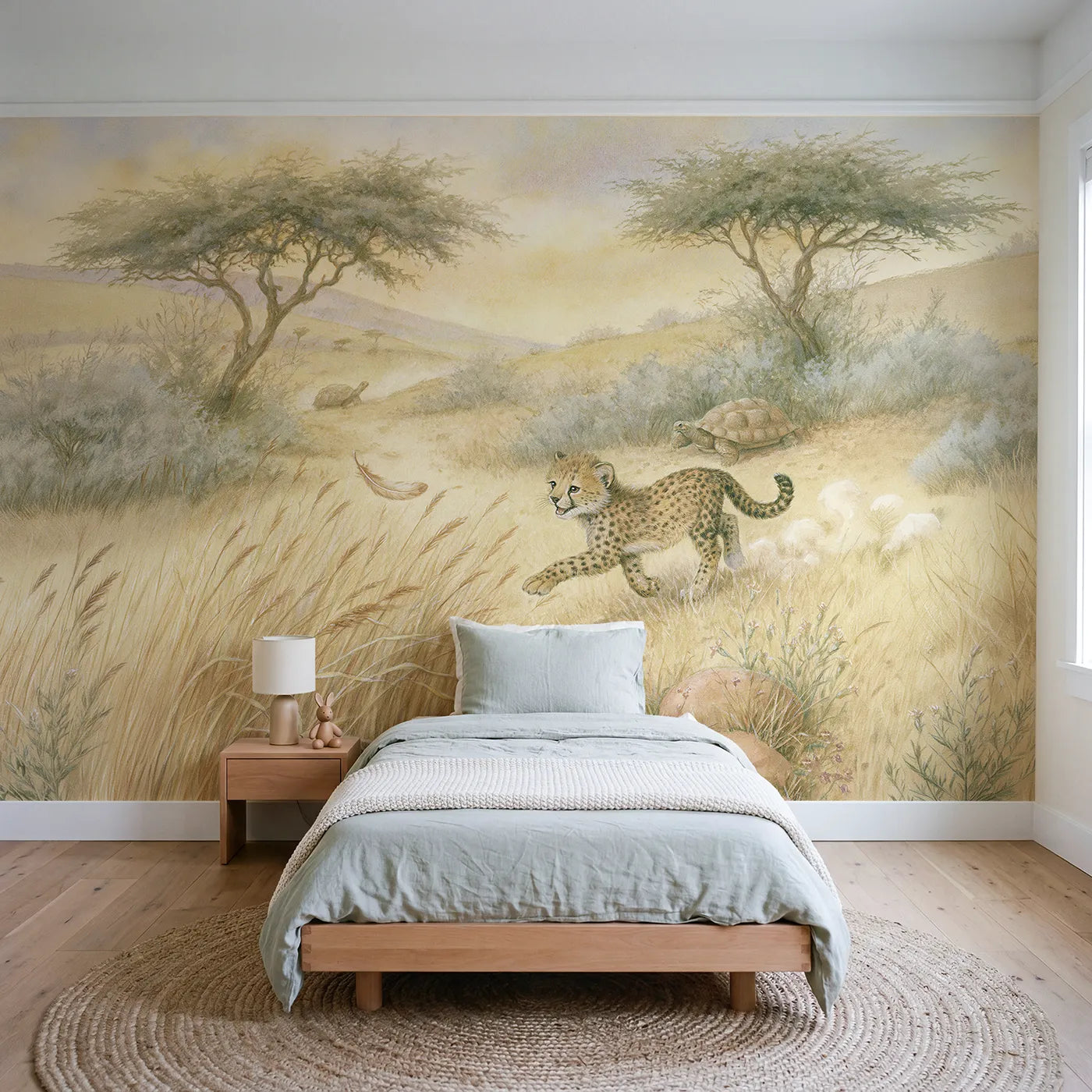 Storybook wall mural of a cheetah cub chasing a butterfly by Whimsy Tots